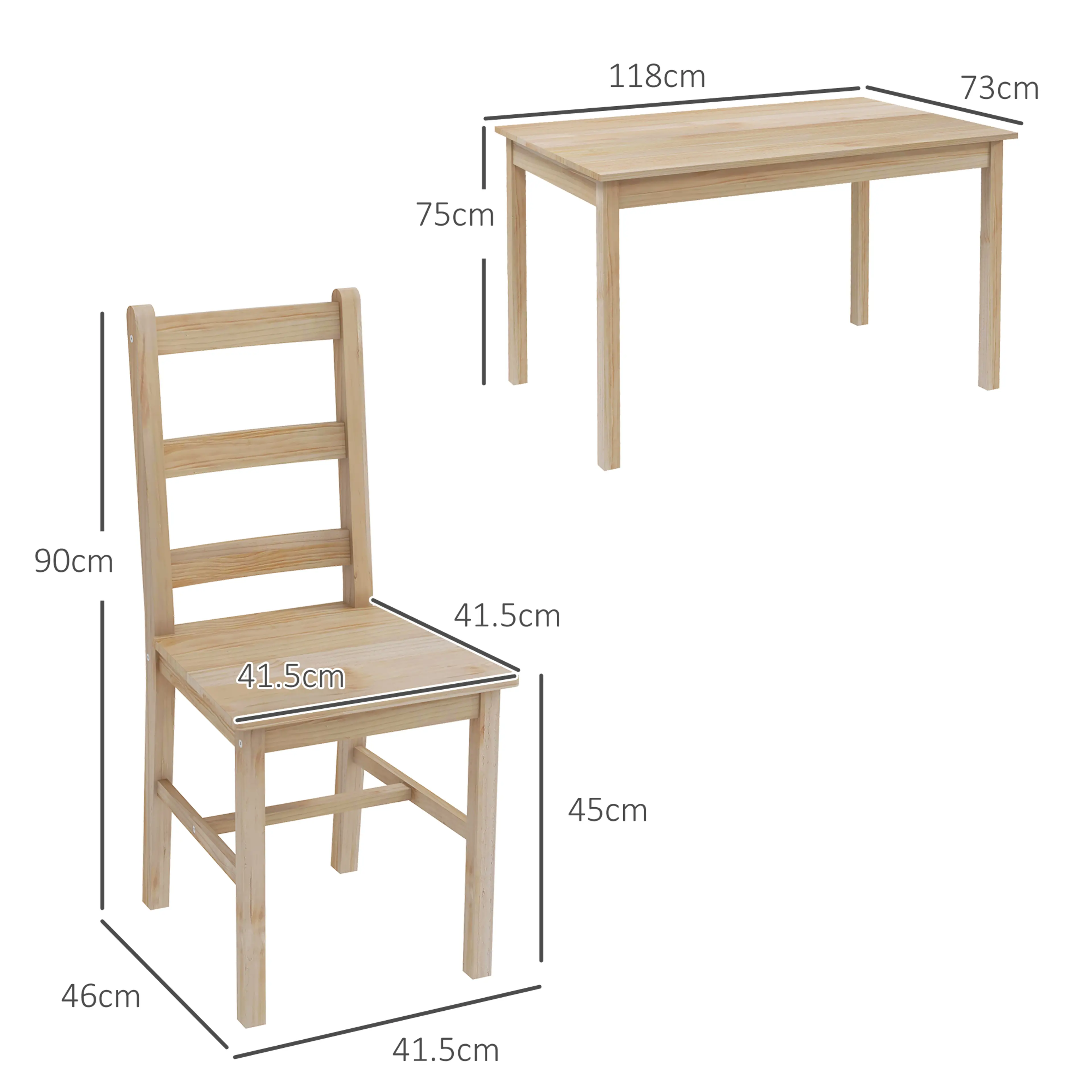 Måttskiss: bordet 118 × 73 × 75 cm och stolen 41,5 × 46 × 90 cm med sitthöjd 45 cm