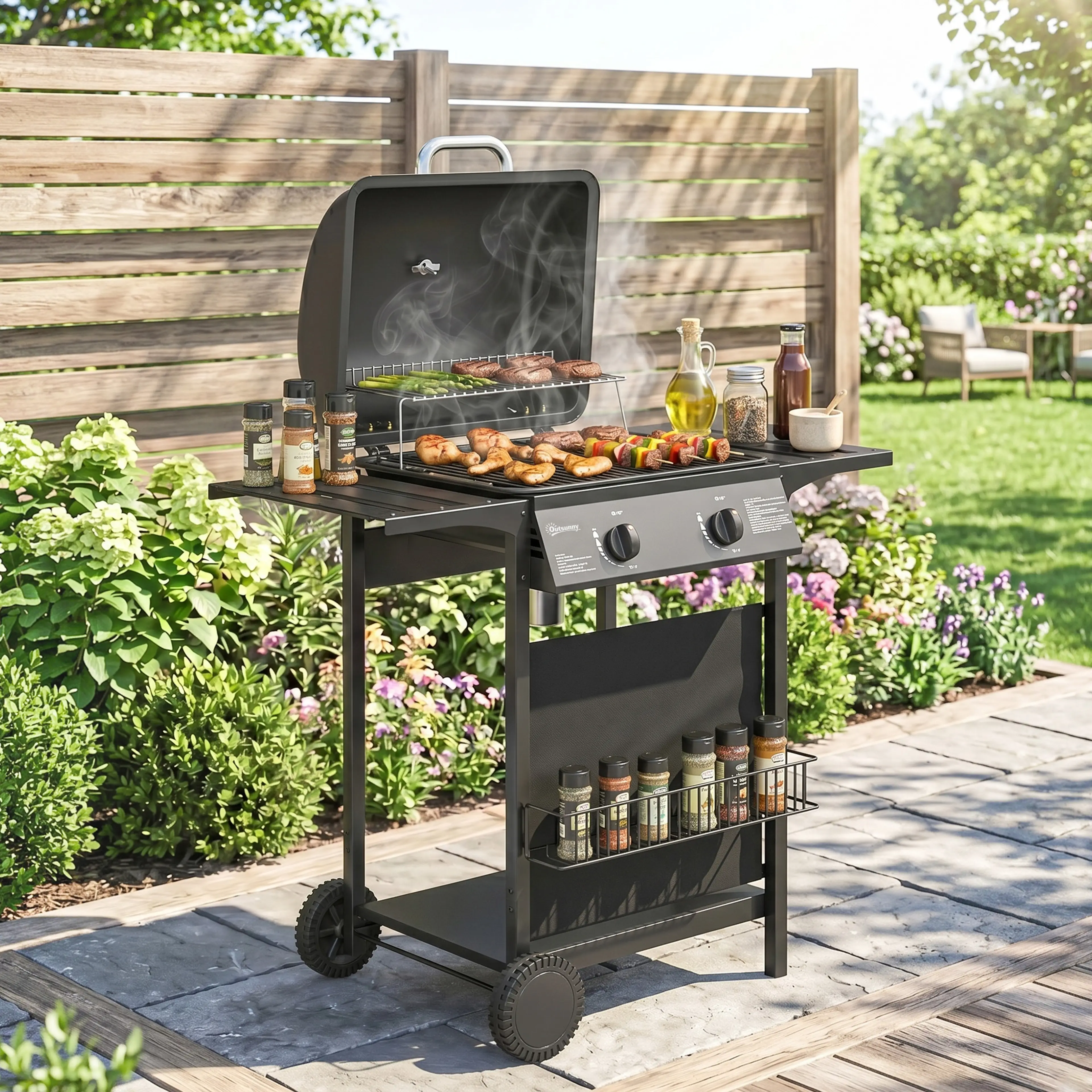 Gasolgrillen på en uteplats med öppet lock och mat på gallret