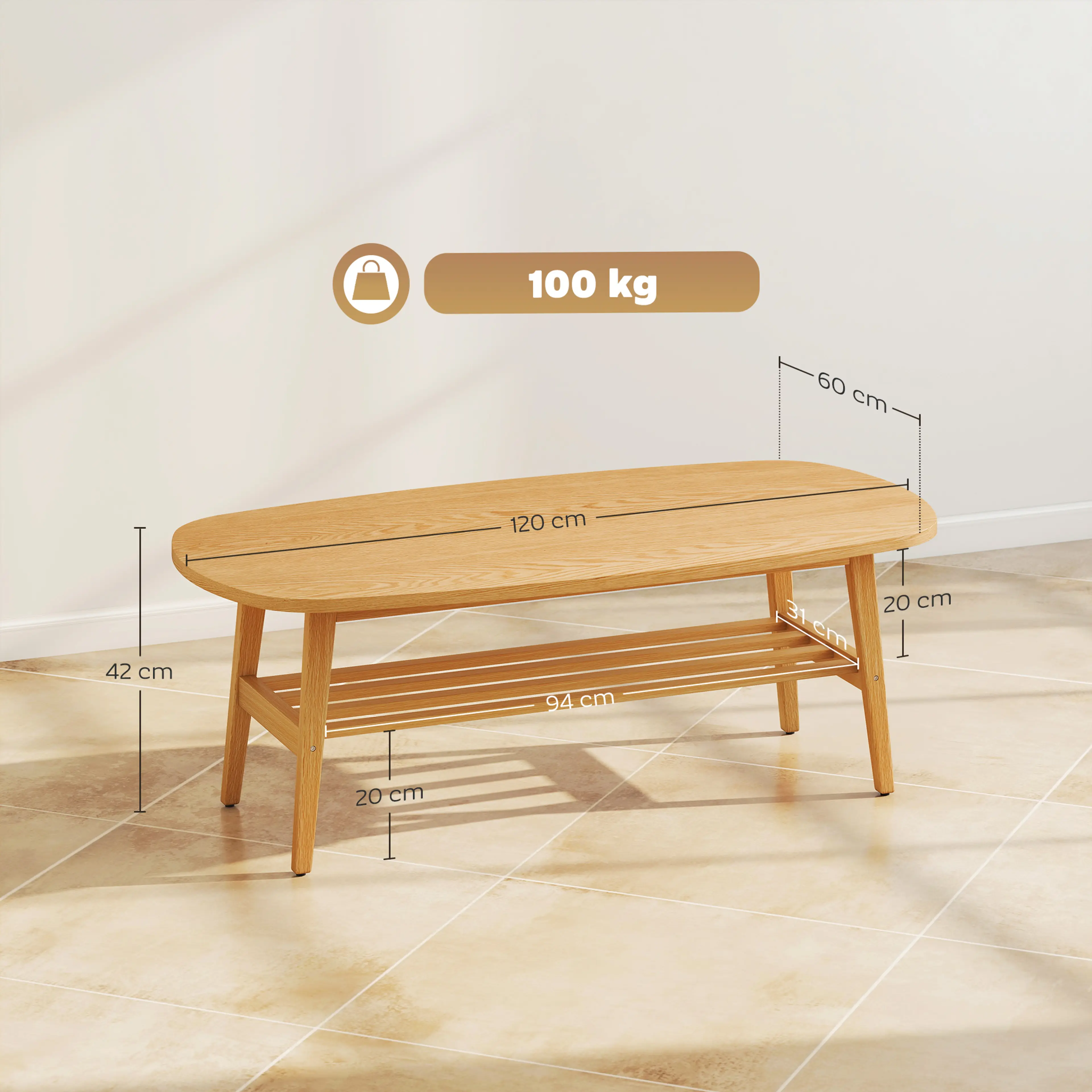 Måttbild på det ovala soffbordet, 120 × 60 × 42 cm, med hyllan 20 cm över golvet och maxlasten 100 kg