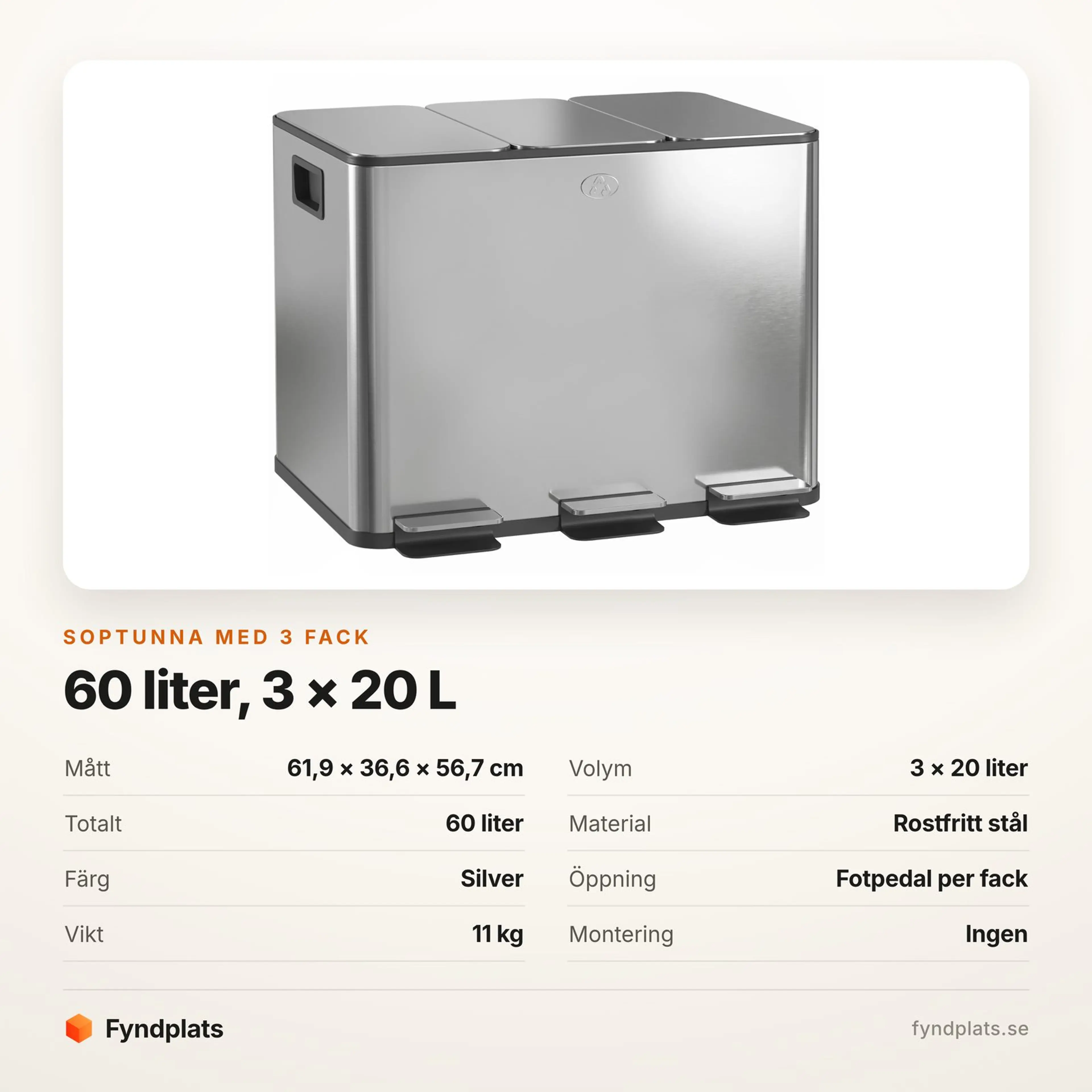 Spec-kort med mått, fackvolym och vikt för trefackstunnan på 60 liter