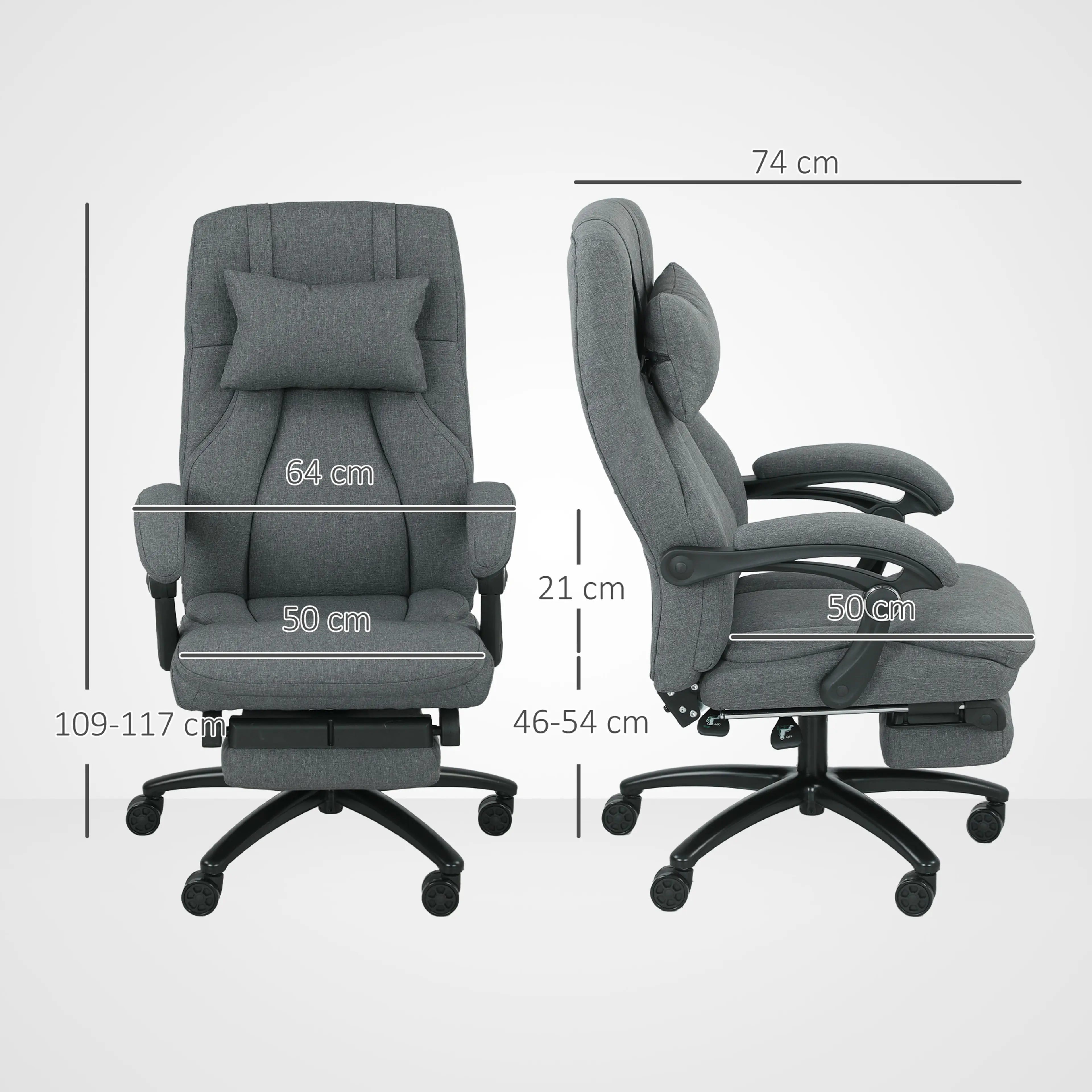Måttritning med bredd 64 cm, djup 74 cm, höjd 109–117 cm och sitthöjd 46–54 cm