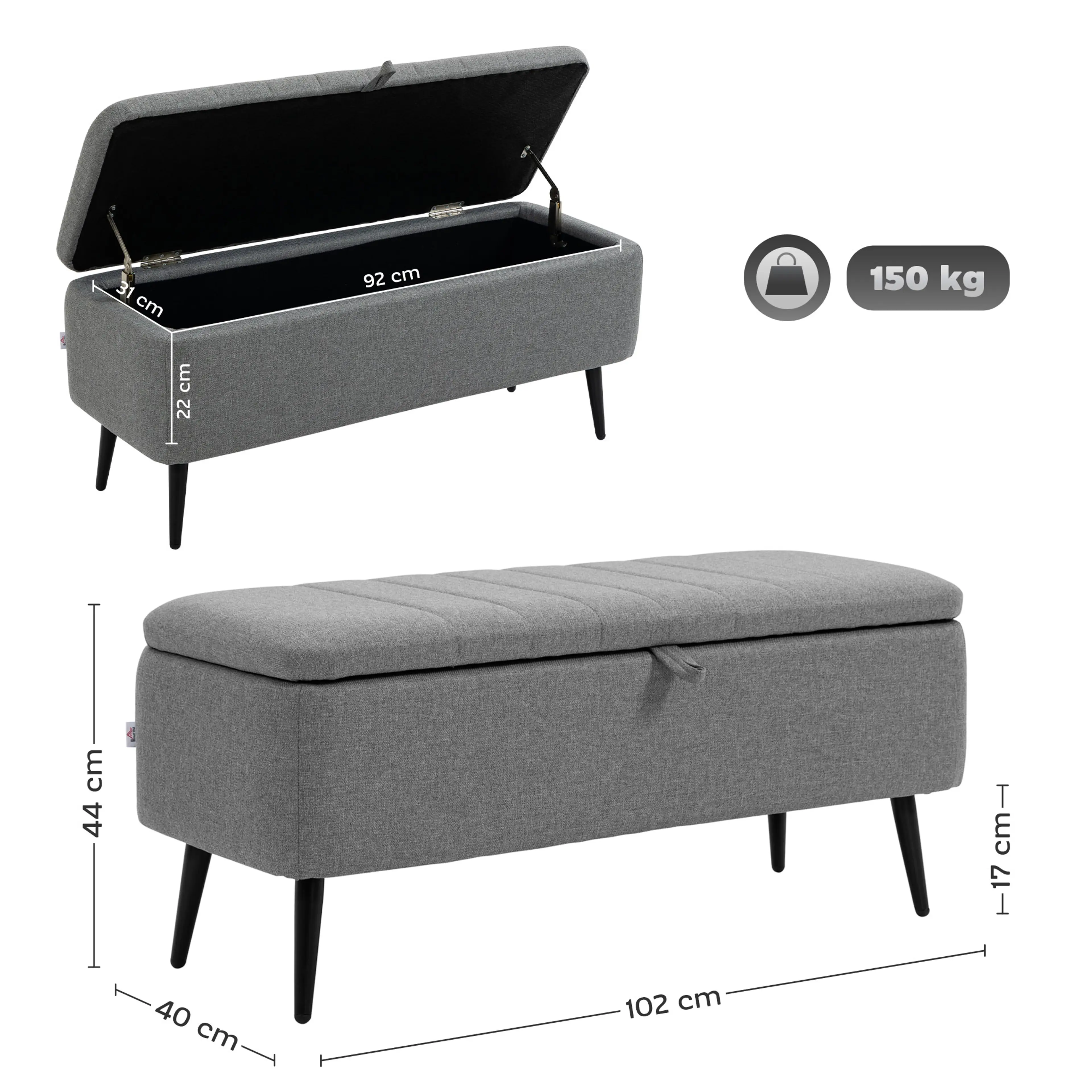 Måttskiss: bänken 102 cm lång, 40 cm djup och 44 cm hög