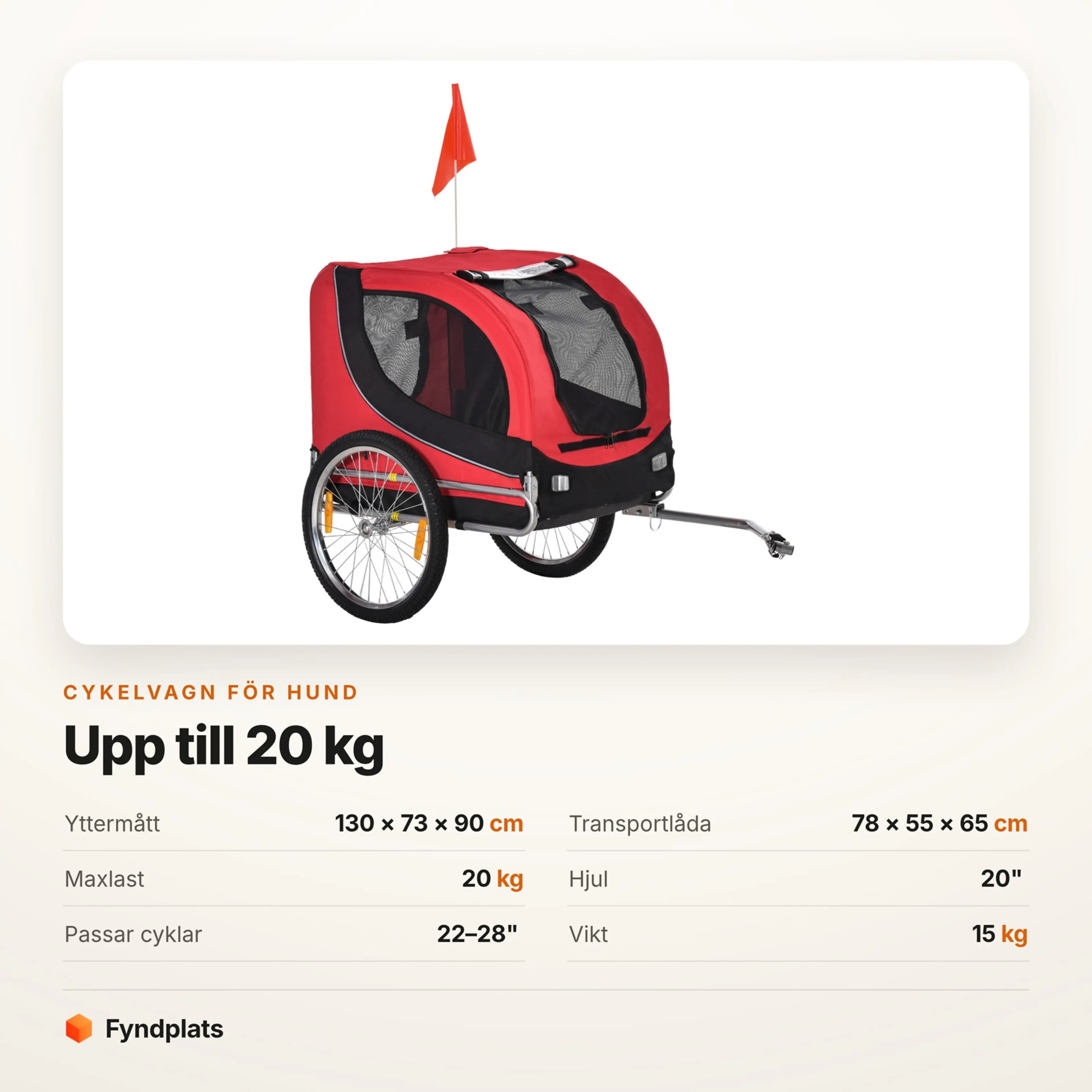 Fyndplats-kort med mått och maxlast för cykelkärran med 20-tumshjul