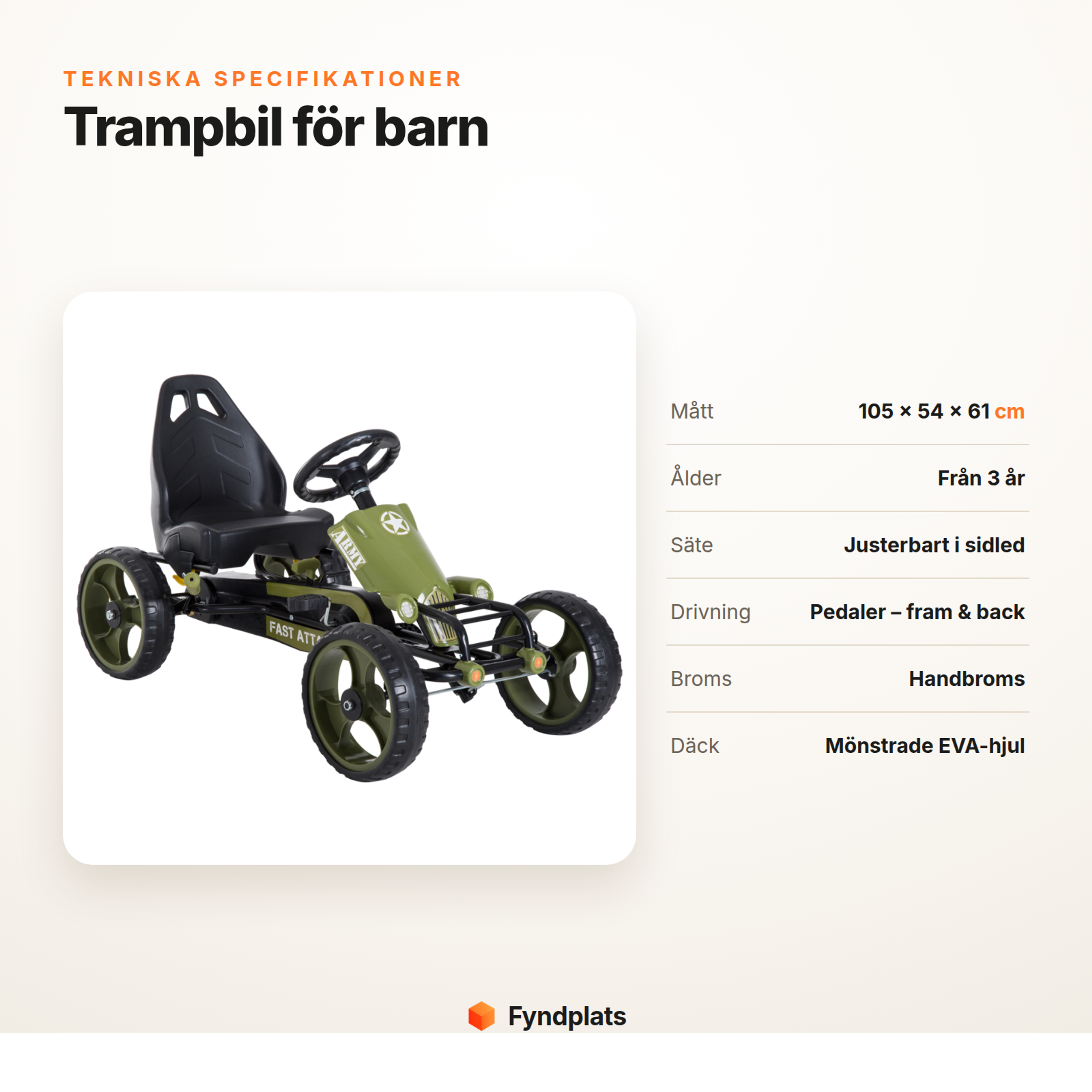 Specifikationer för trampbil: mått, ålder från 3 år, justerbart säte, pedaler och broms