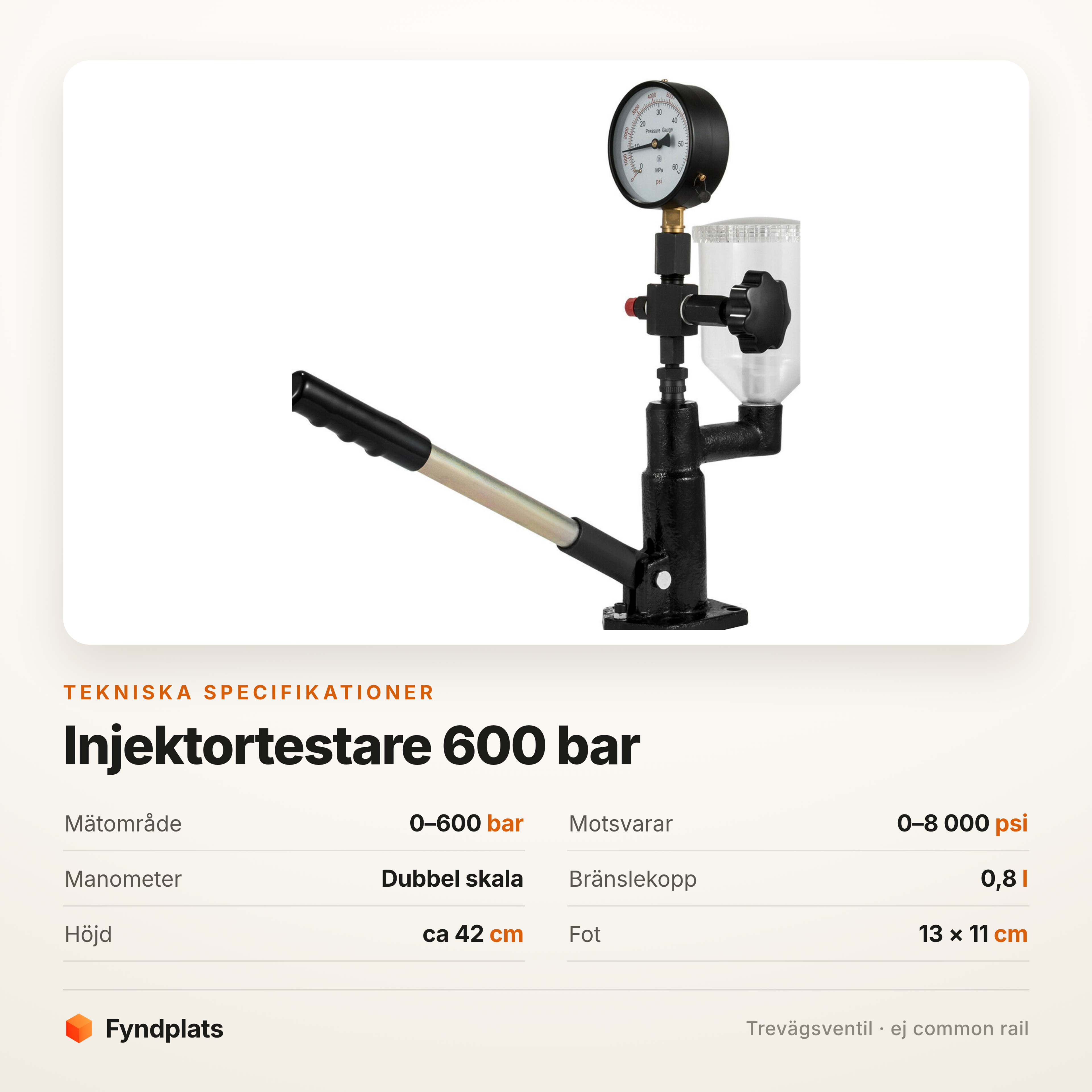 Specifikationer för injektortestaren: 0–600 bar, 0–8 000 psi, höjd ca 42 cm och fot 13 × 11 cm