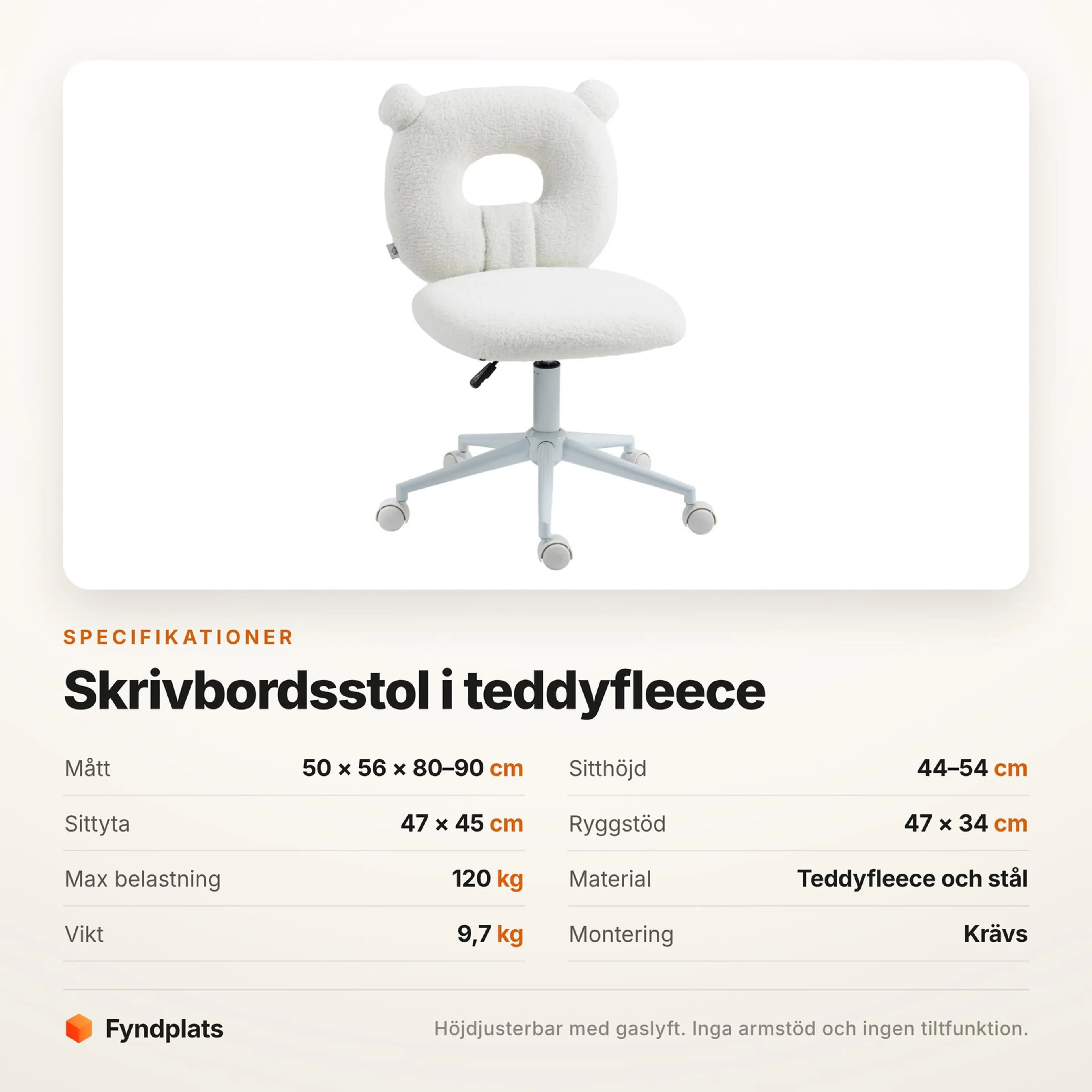 Fyndplats specifikationskort med stolens mått, sitthöjd och maxlast