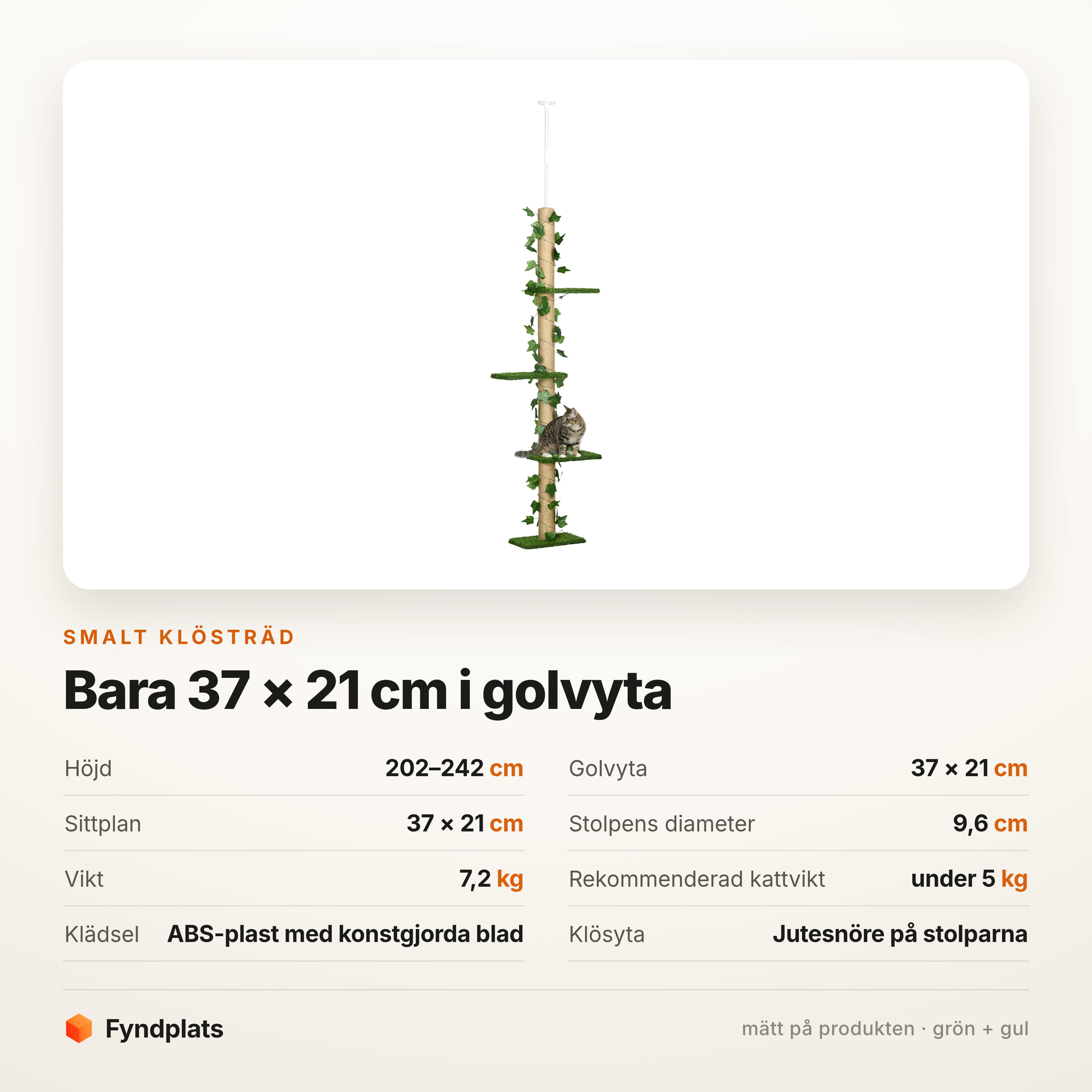 Faktaruta: smalt klösträd 202–242 cm, golvyta och material