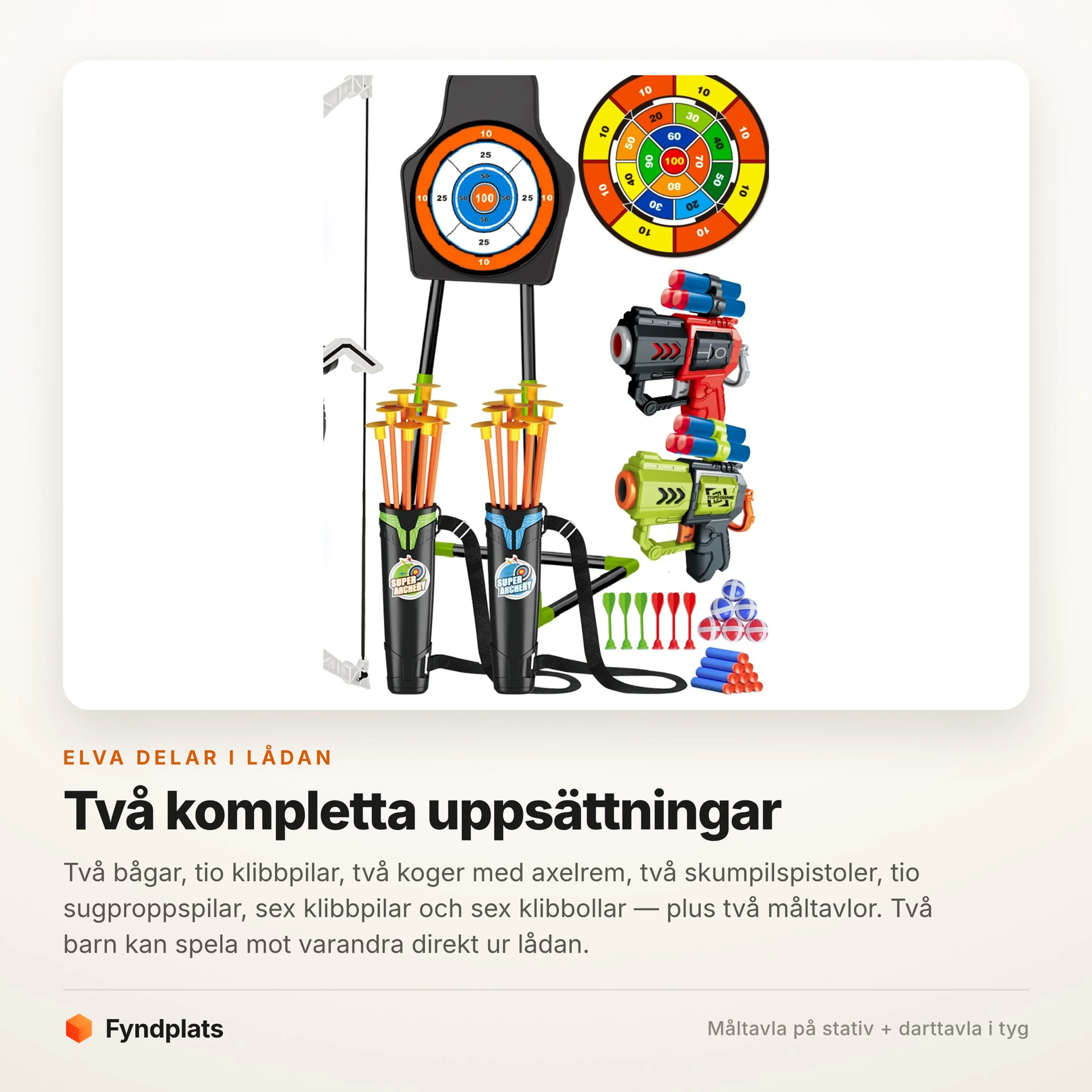 Lådans innehåll: två uppsättningar med bågar, koger, pistoler och pilar