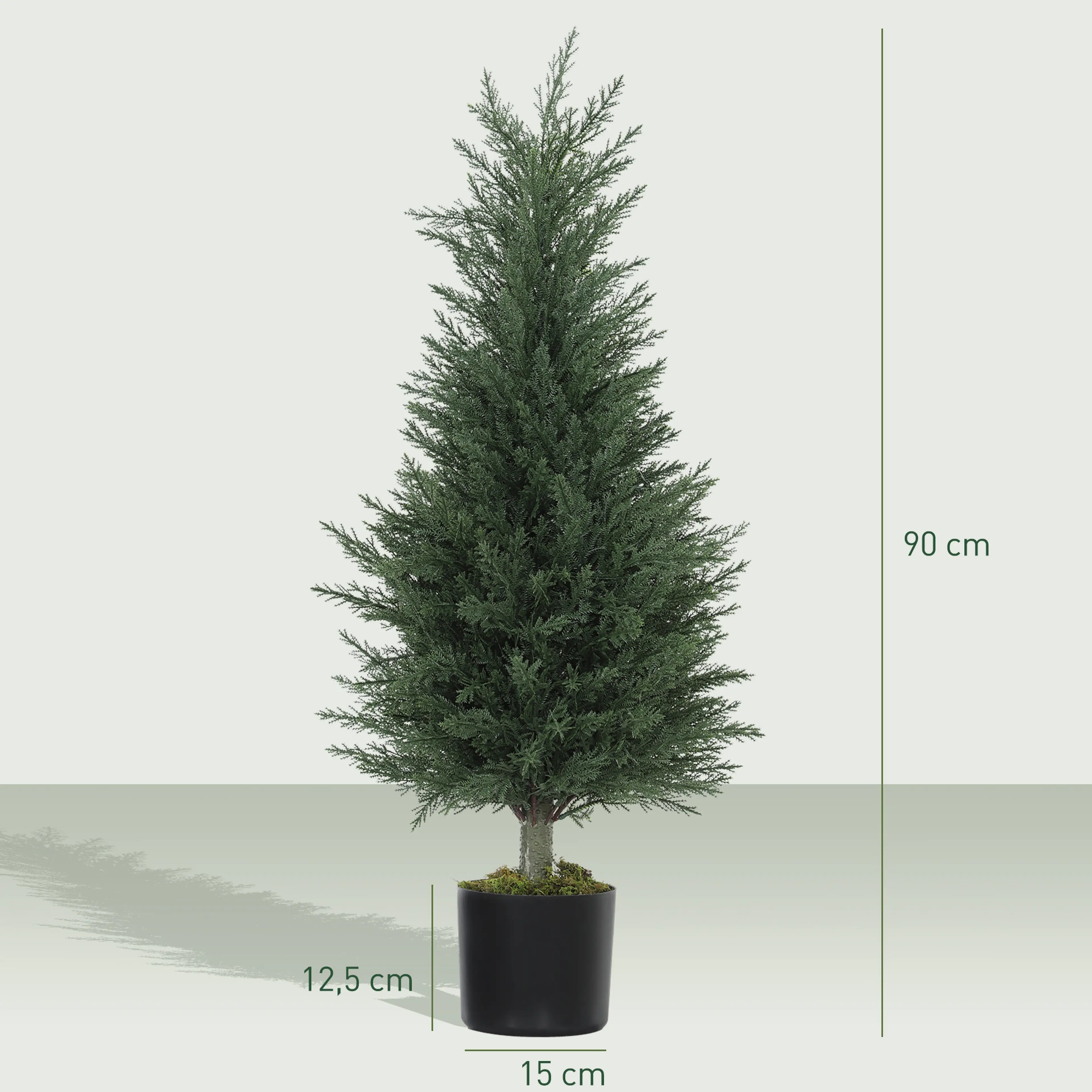 Måttbild: cypressen är 90 cm hög och krukan 15 cm i diameter och 12,5 cm hög