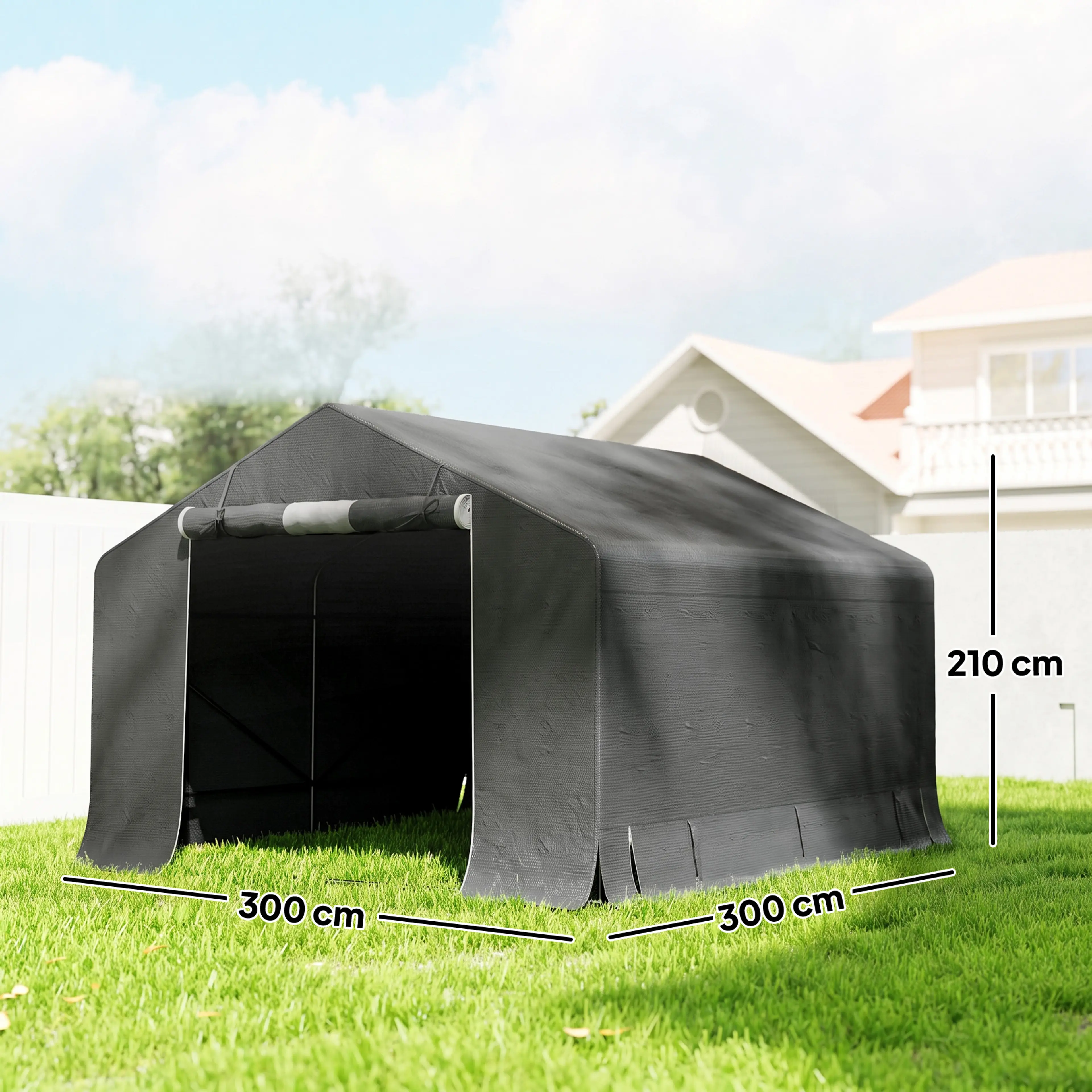 Måttritning för garagetält: 300 cm brett, 300 cm djupt och 210 cm i nock