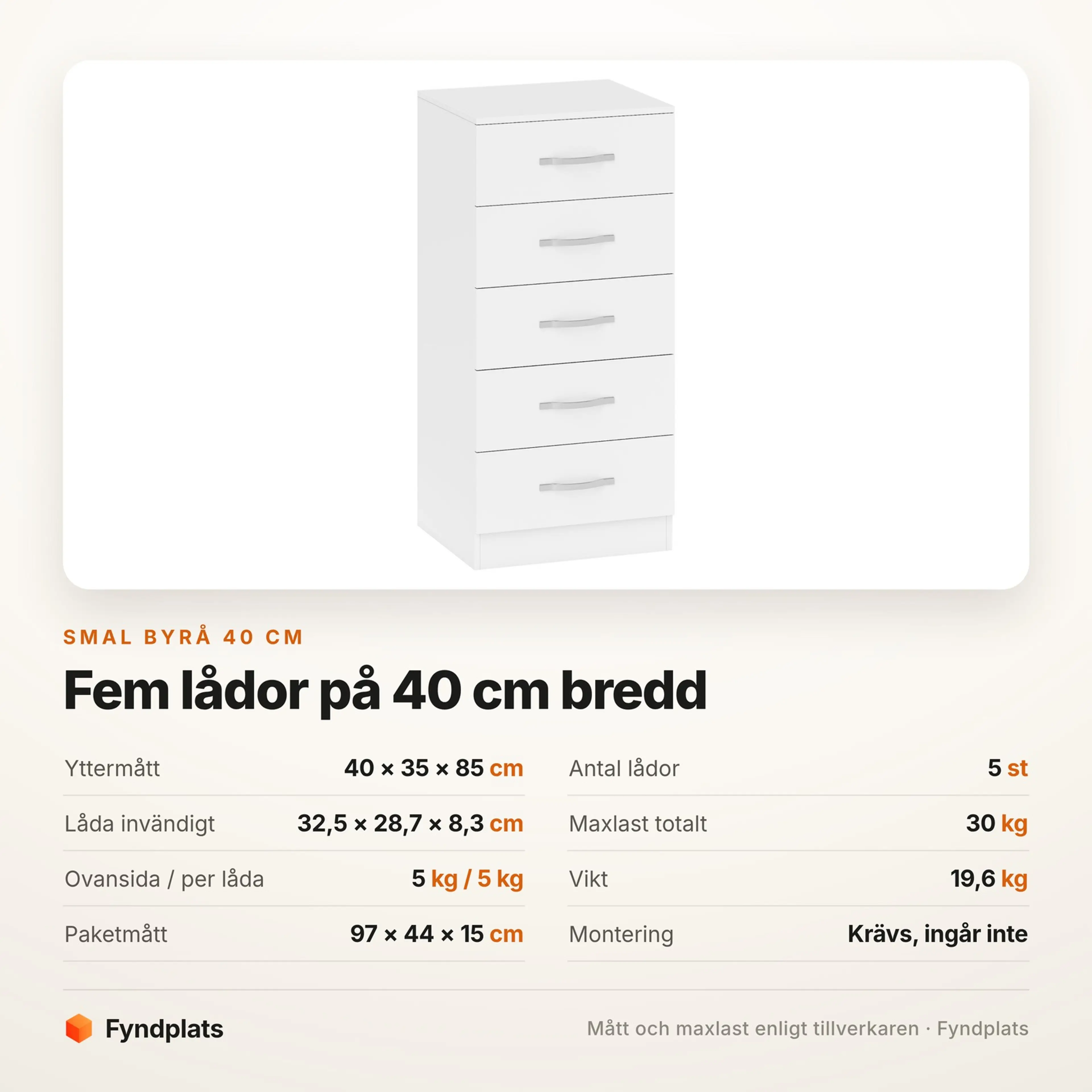 Spec-kort med mått och maxlast för den smala byrån på 40 cm