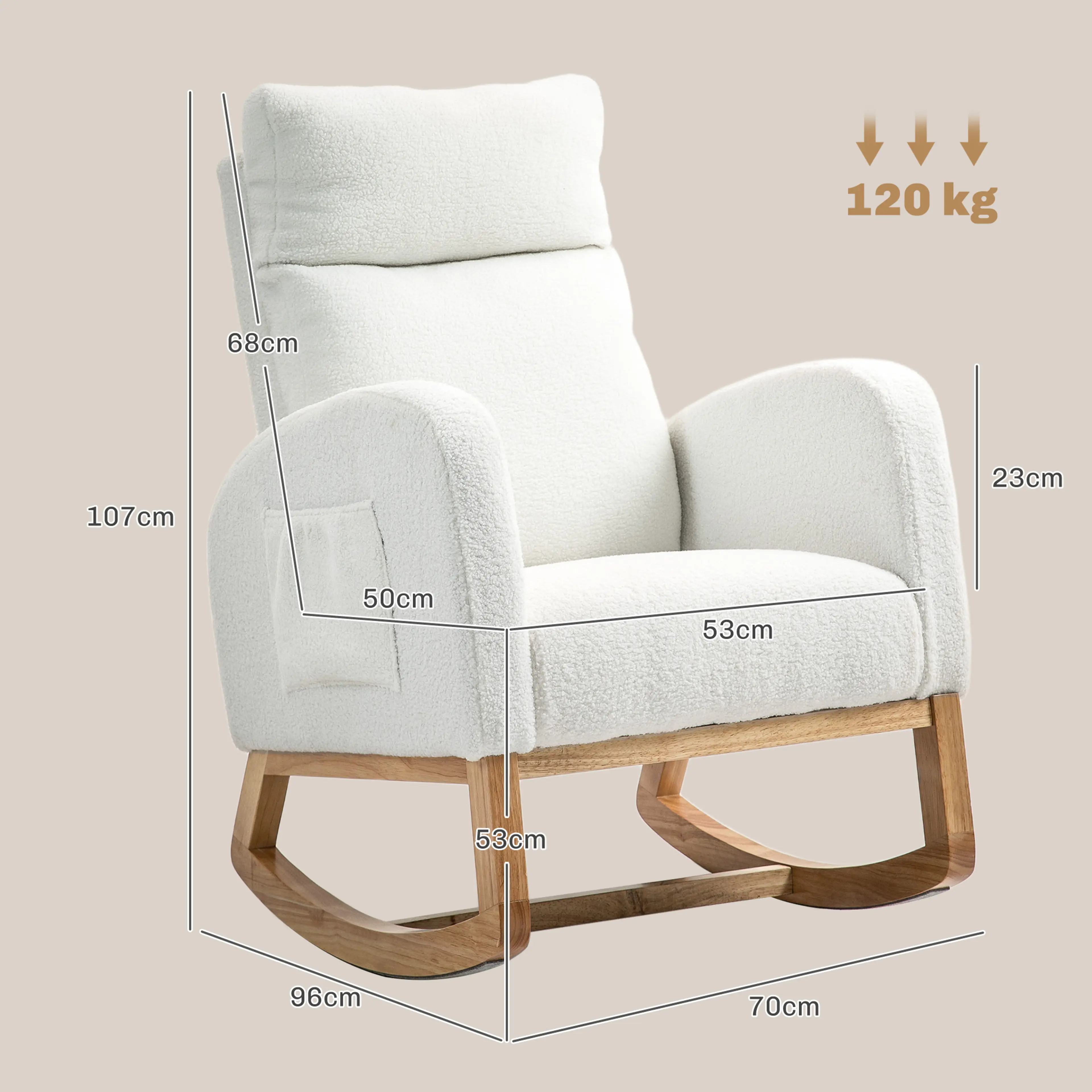 Måttskiss: 96 × 70 cm golvyta, 107 cm höjd, 53 cm sits och 120 kg maxlast