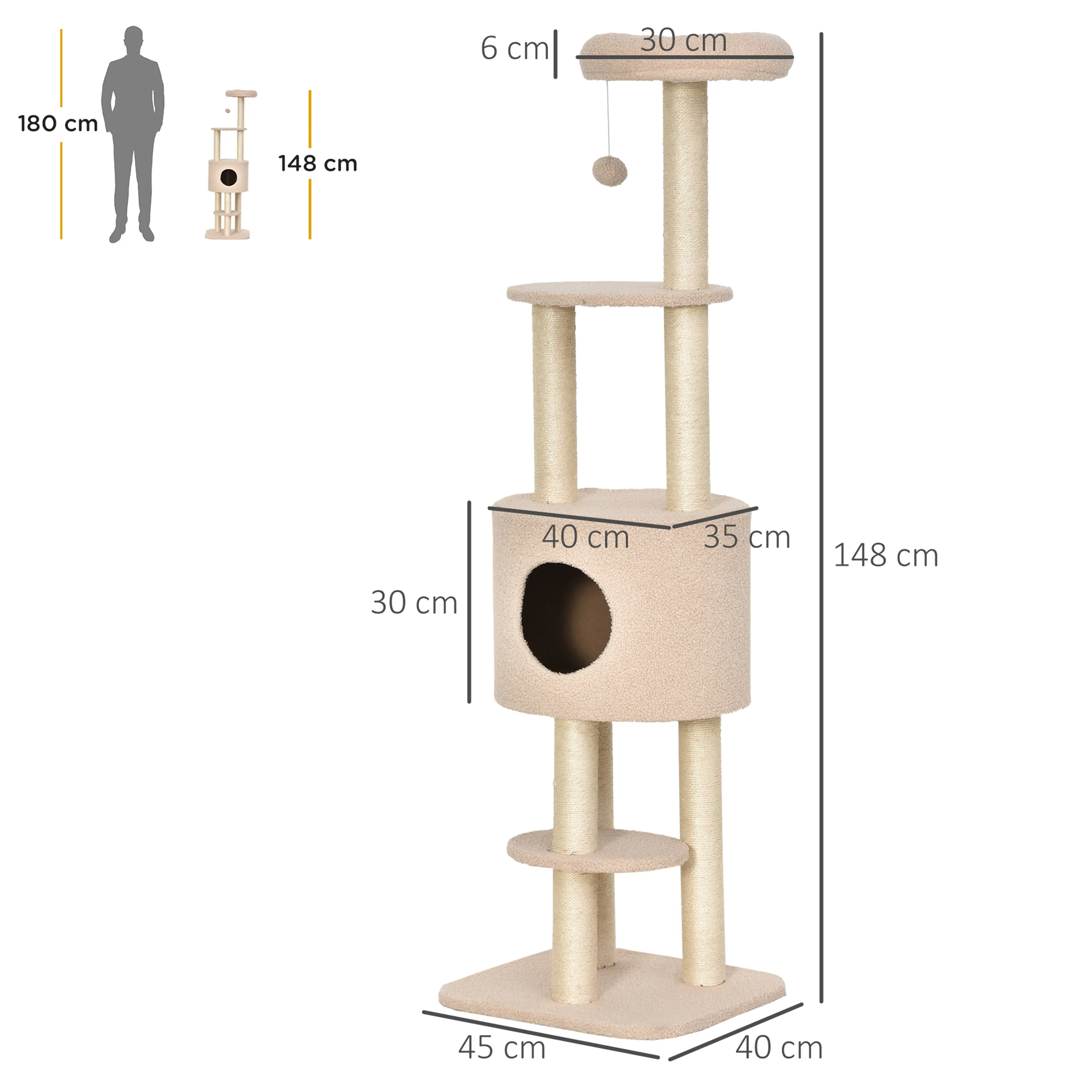 Måttskiss: 45 × 40 cm golvyta och 148 cm höjd, jämförd med en person på 180 cm