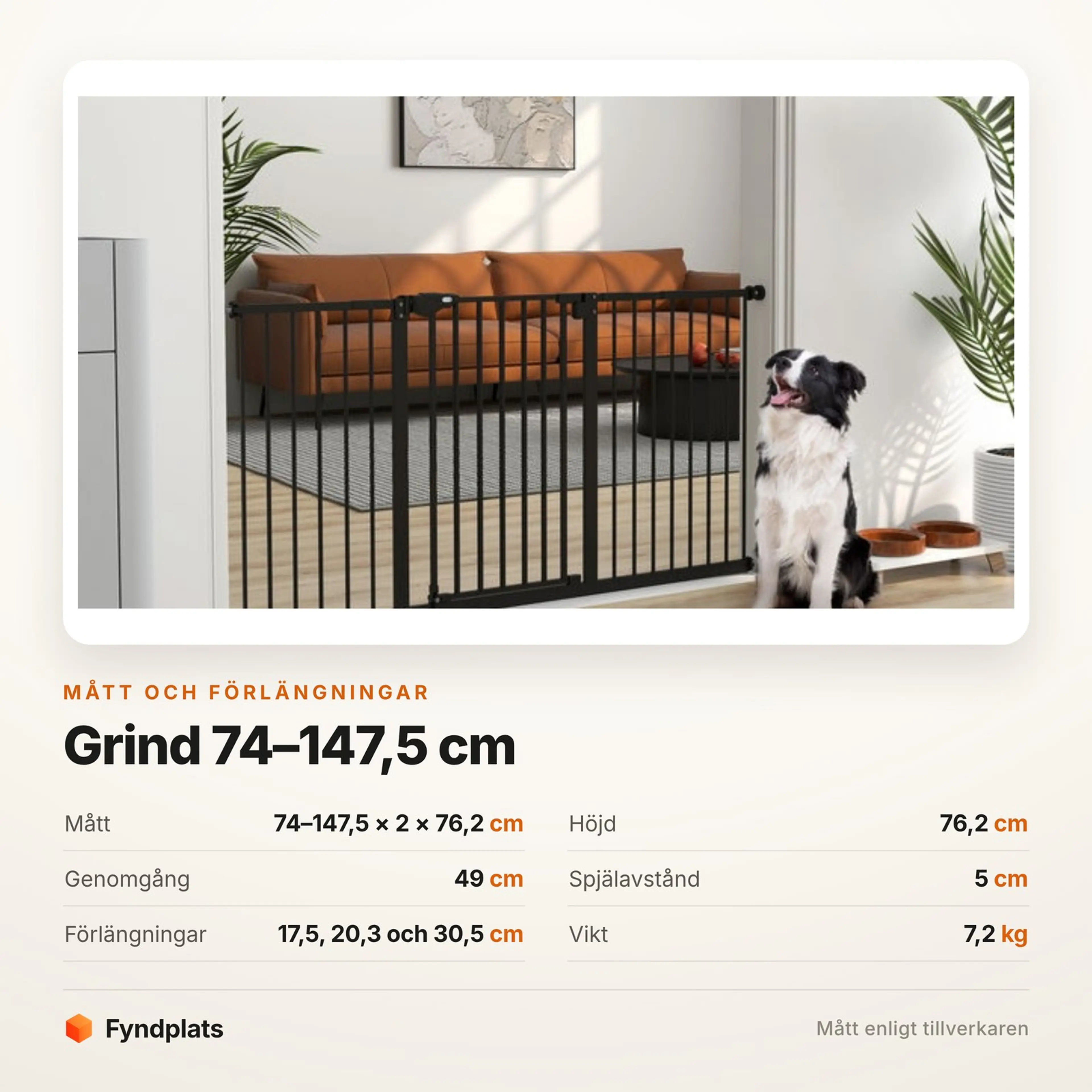 Faktakort: grinden täcker 74–147,5 cm, är 76,2 cm hög och har 49 cm fri genomgång