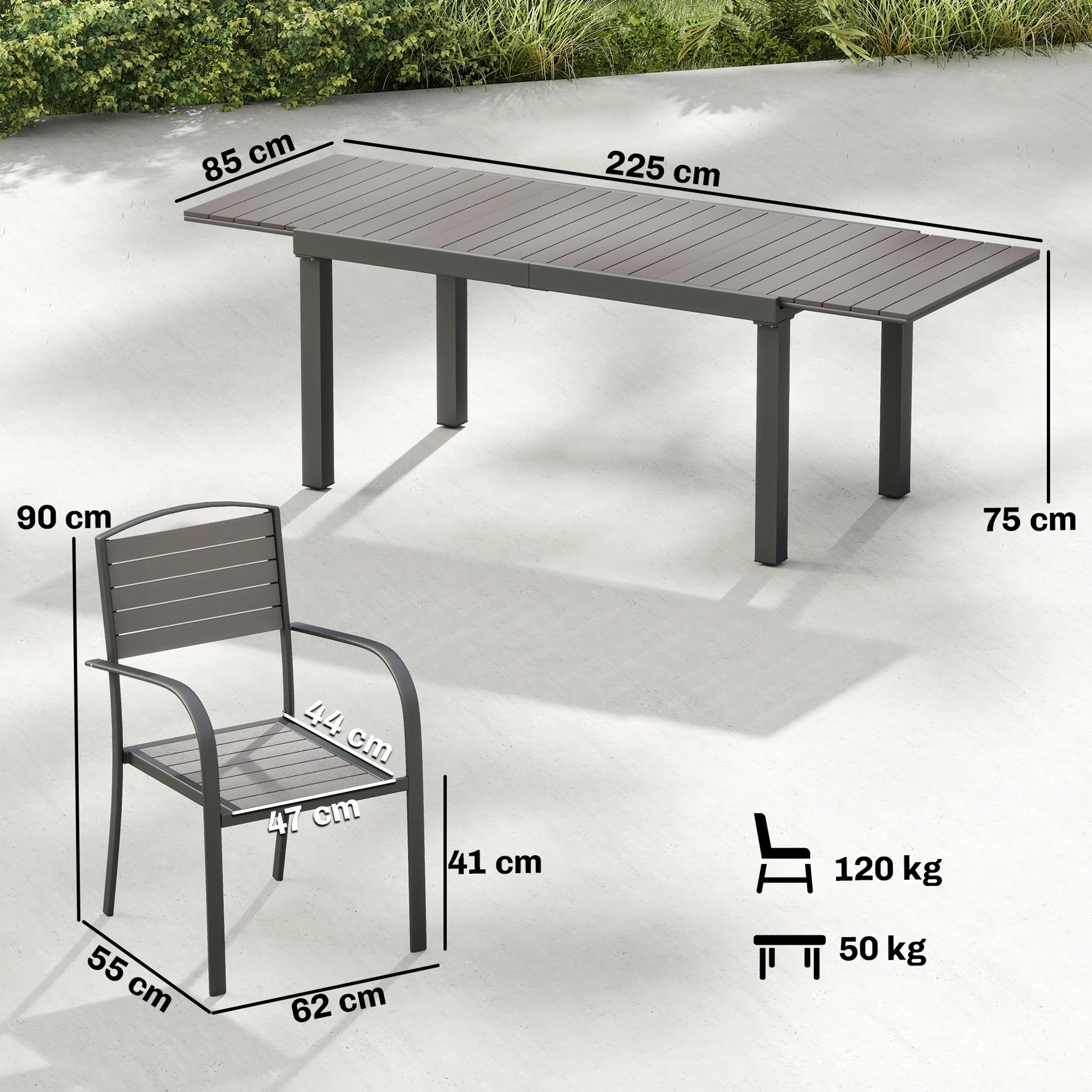 Måttritning: bord 225 × 85 × 75 cm utdraget och stol 62 × 55 × 90 cm