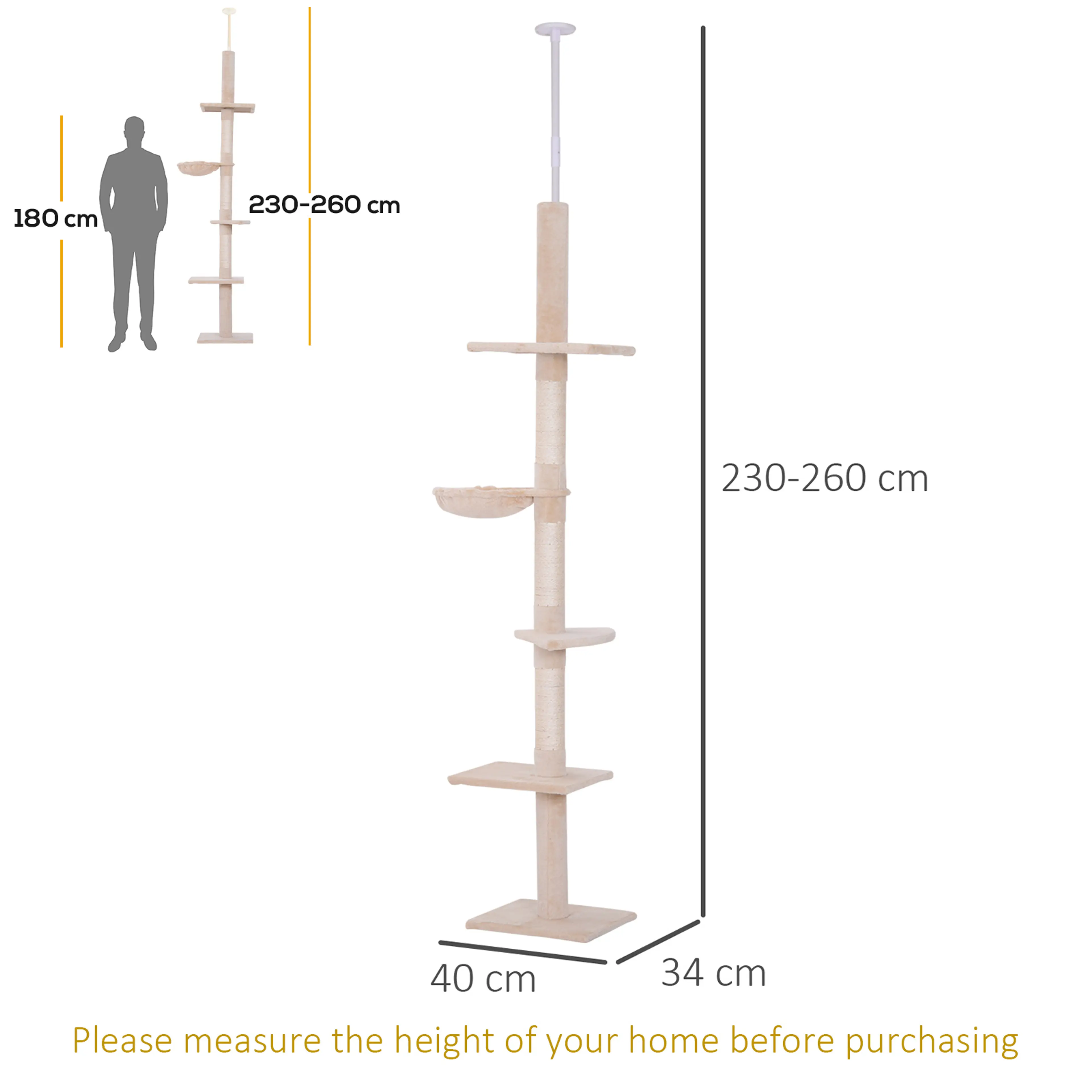 Måttskiss: 40 × 34 cm golvyta och 230–260 cm höjd, jämförd med en person på 180 cm