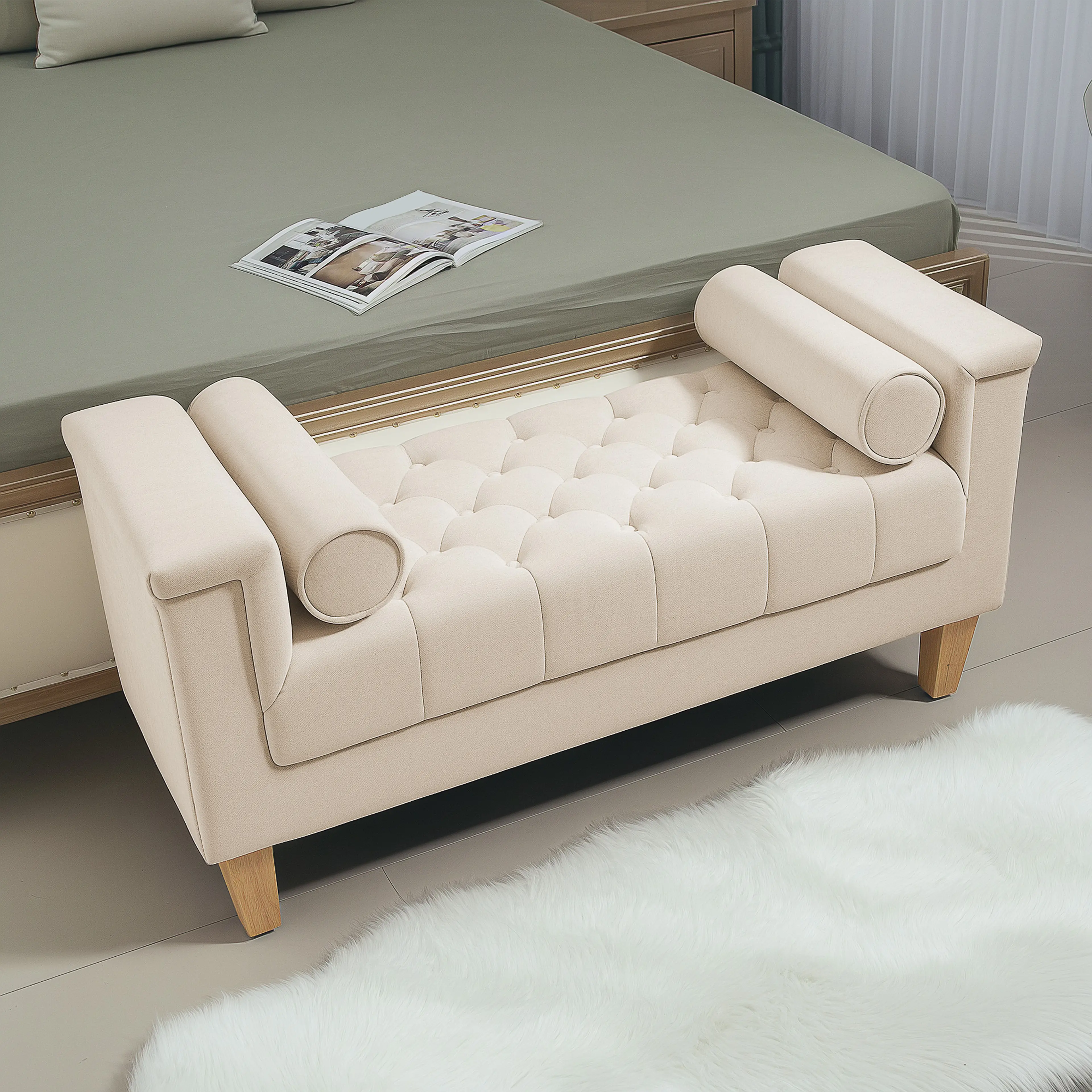 Sängbänk 115 cm chenille med rullkuddar – bild 6