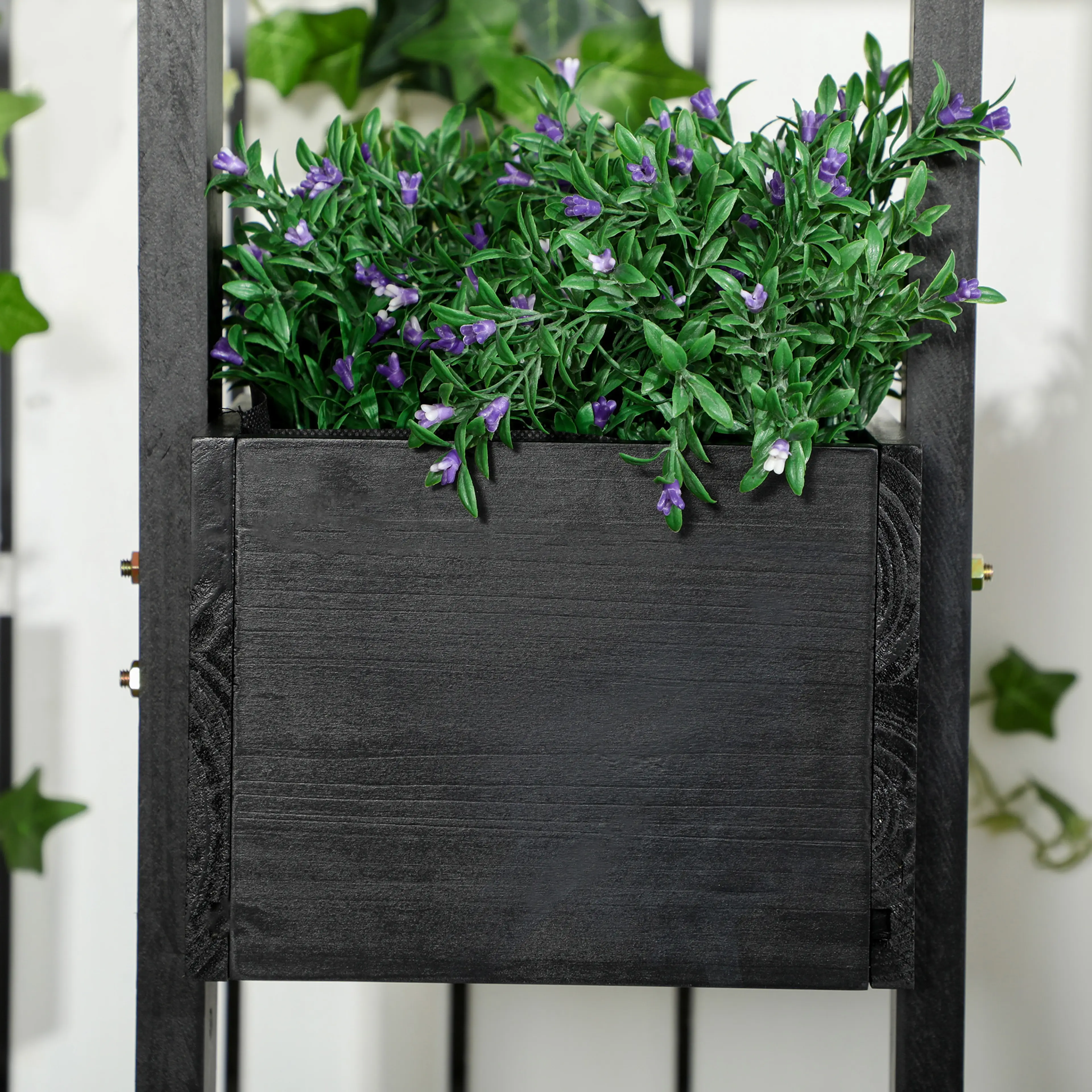 Närbild på en av de små svarta lådorna med lila blommor och gröna blad
