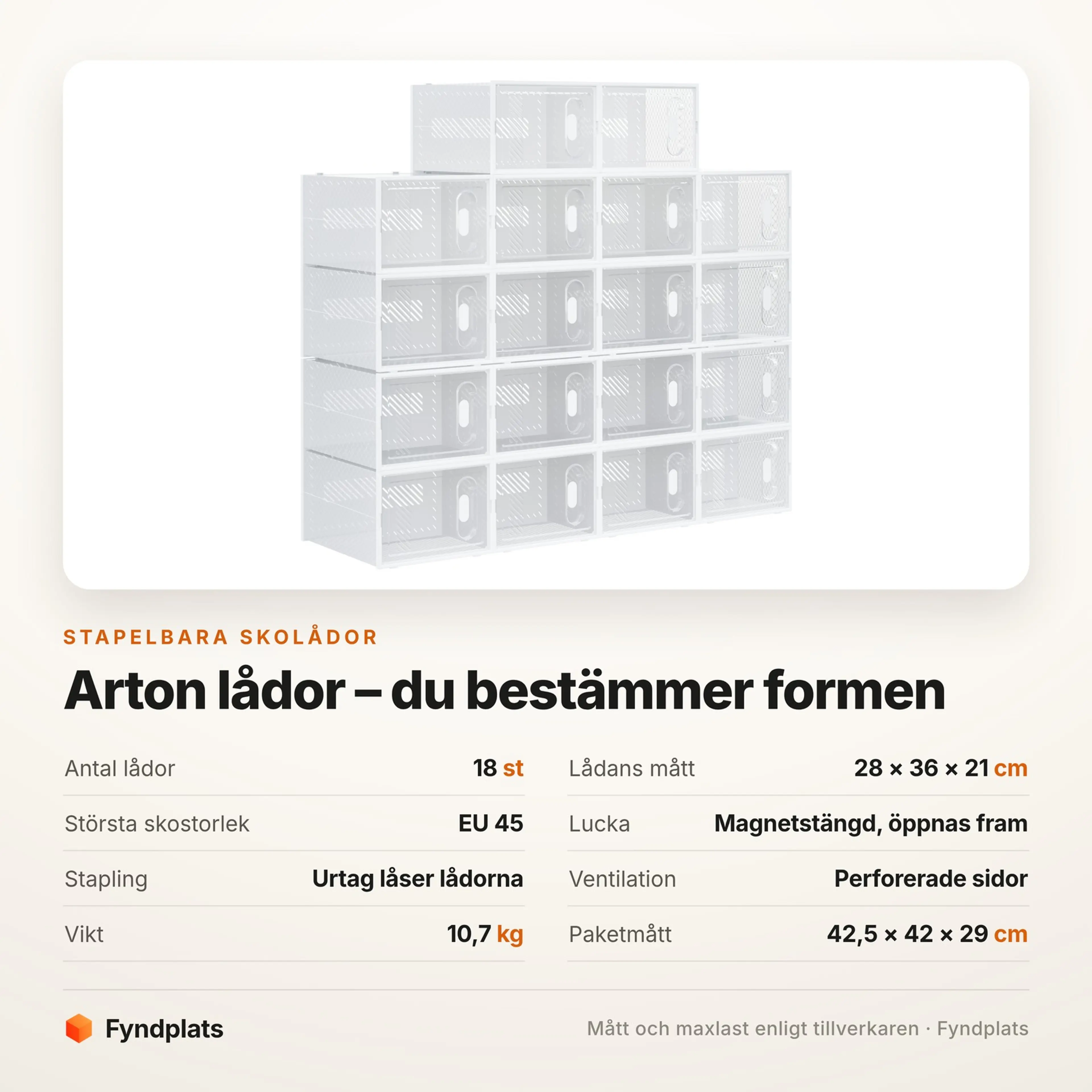 Spec-kort för skolådorna: 18 stycken à 28 × 36 × 21 cm, magnetlucka och ventilationshål