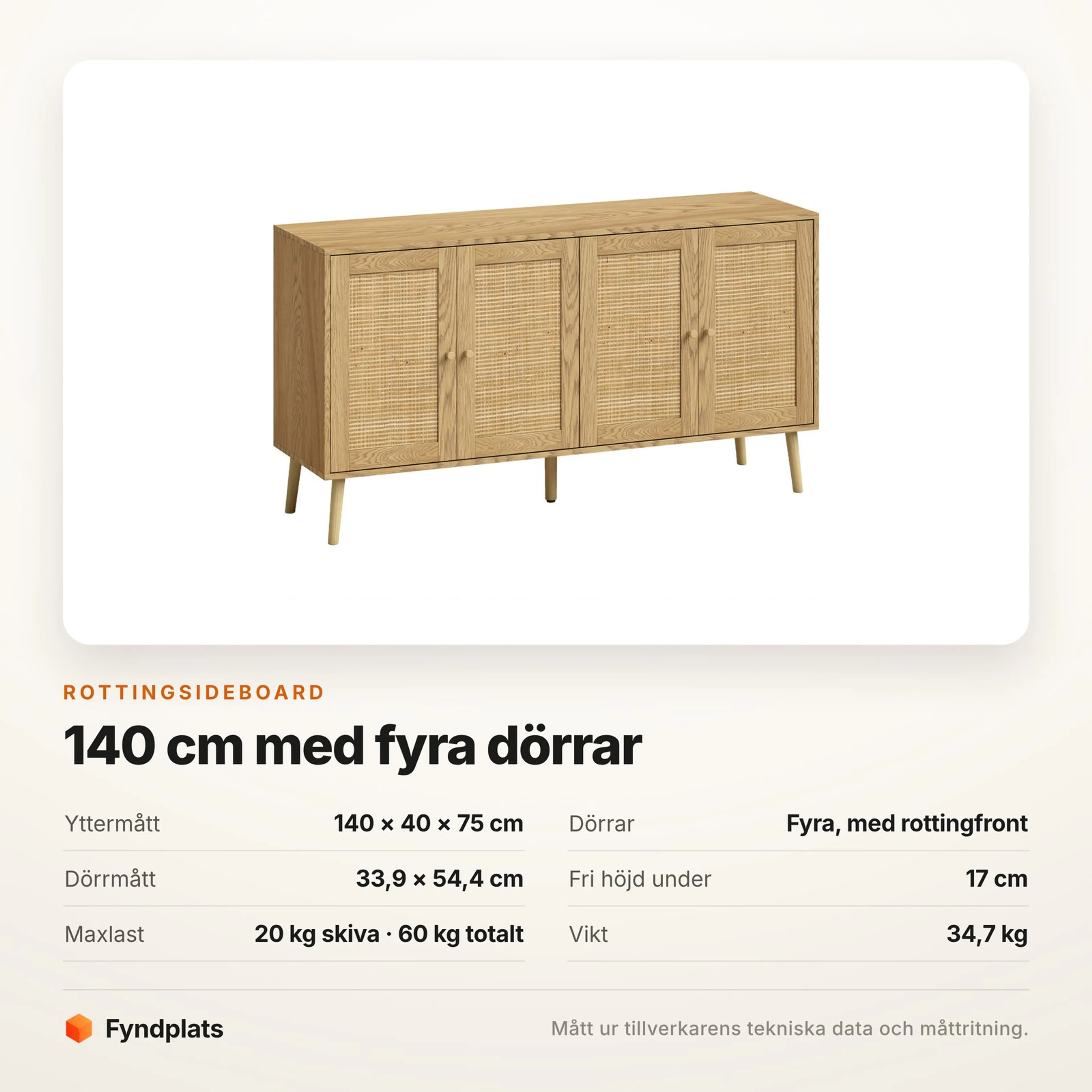 Specifikationskort för rottingsideboardet med yttermått, dörrmått och maxlast