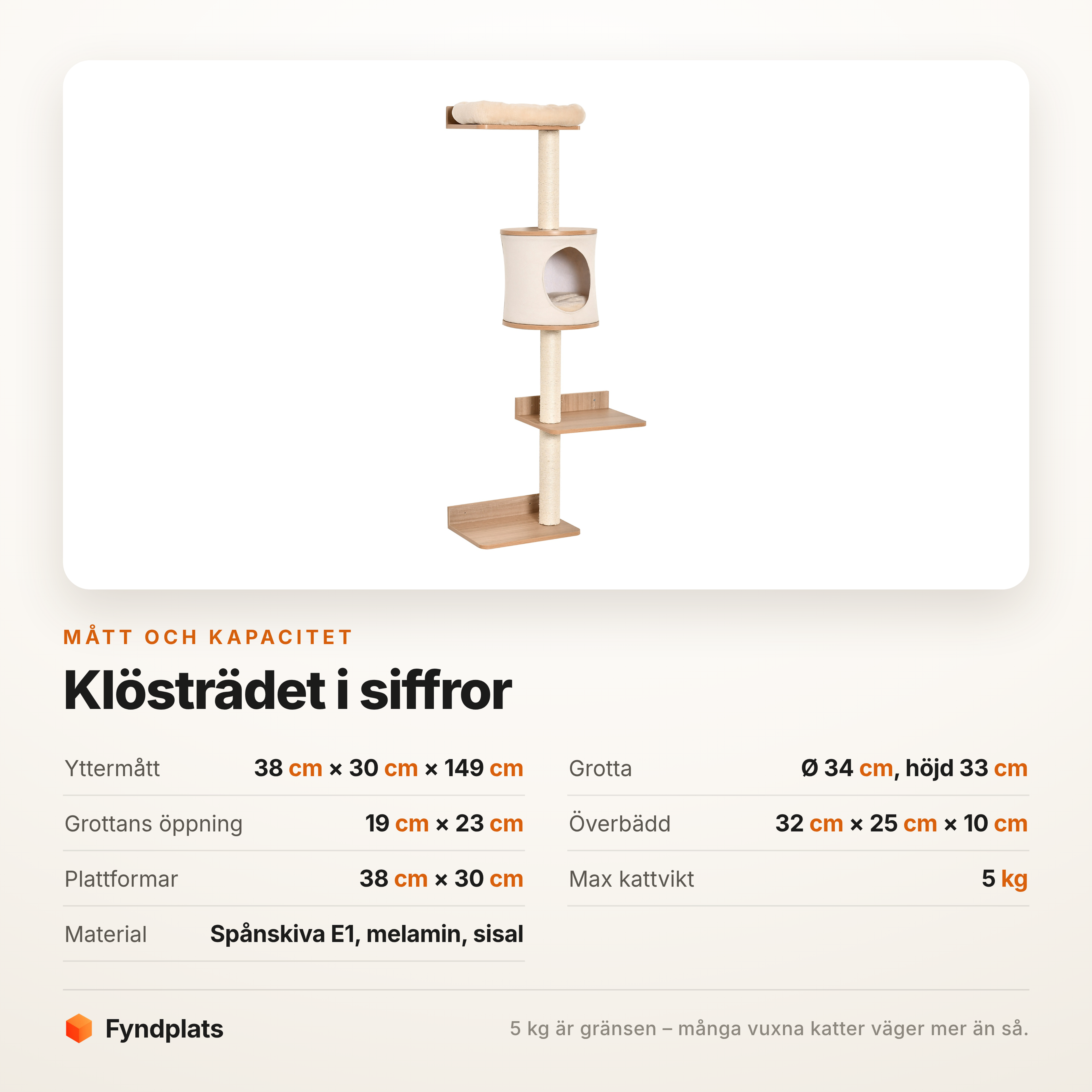Specifikationstabell för klösträdet: mått, grotta, material och max 5 kg