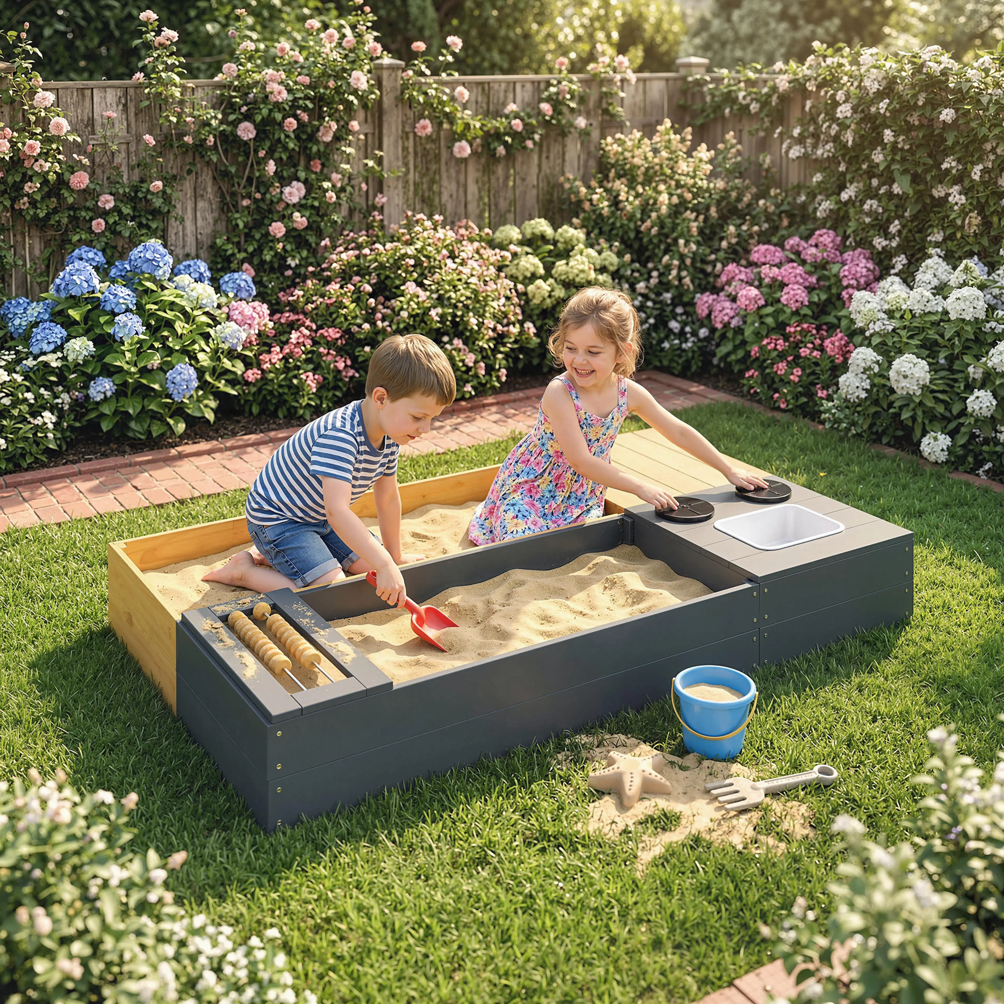 Två barn leker med sand i sandlådan på en gräsmatta framför en blomsterrabatt