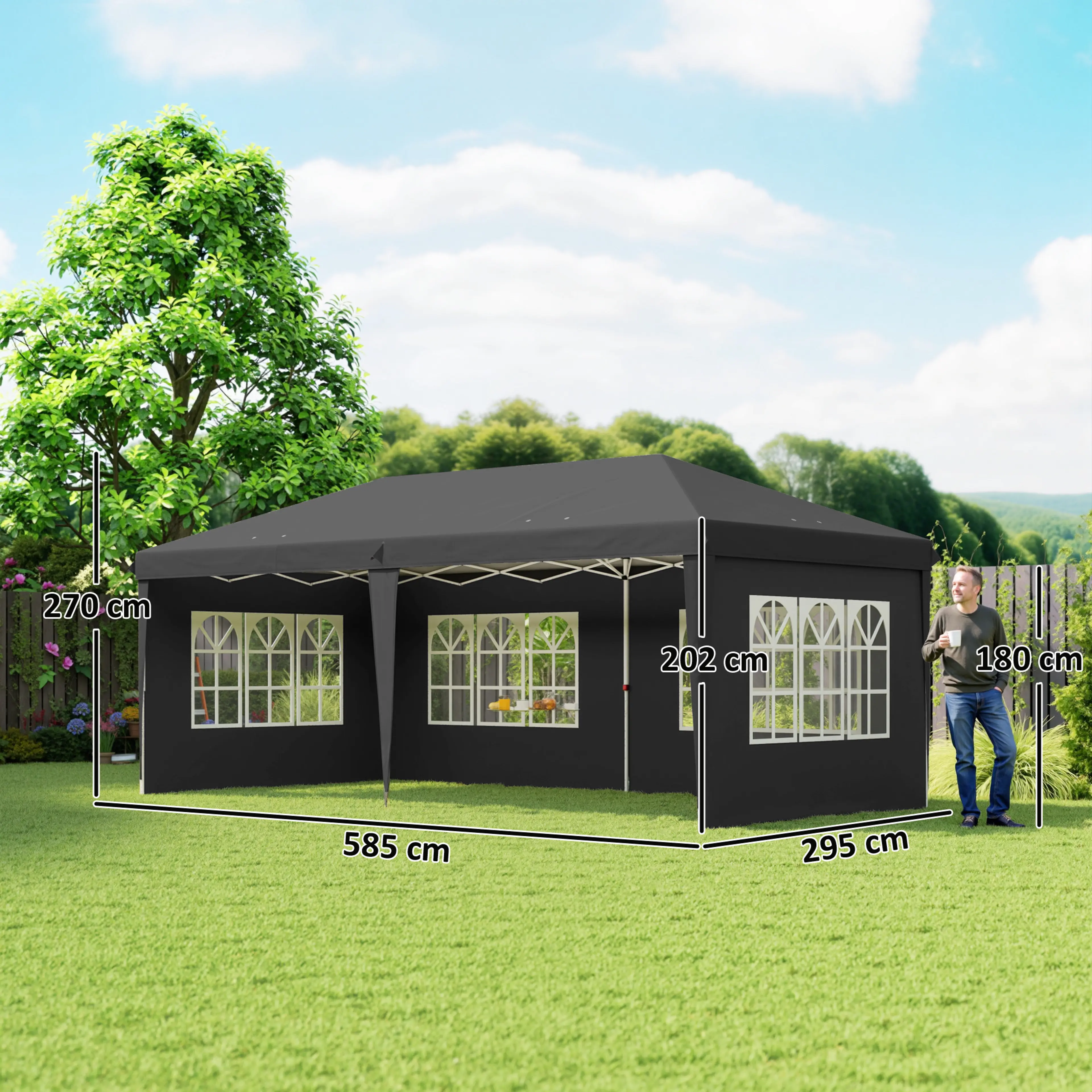 Måttbild: paviljongen är 5,85 m lång, 2,95 m bred, 2,02 m hög vid sidorna och 2,7 m i nocken