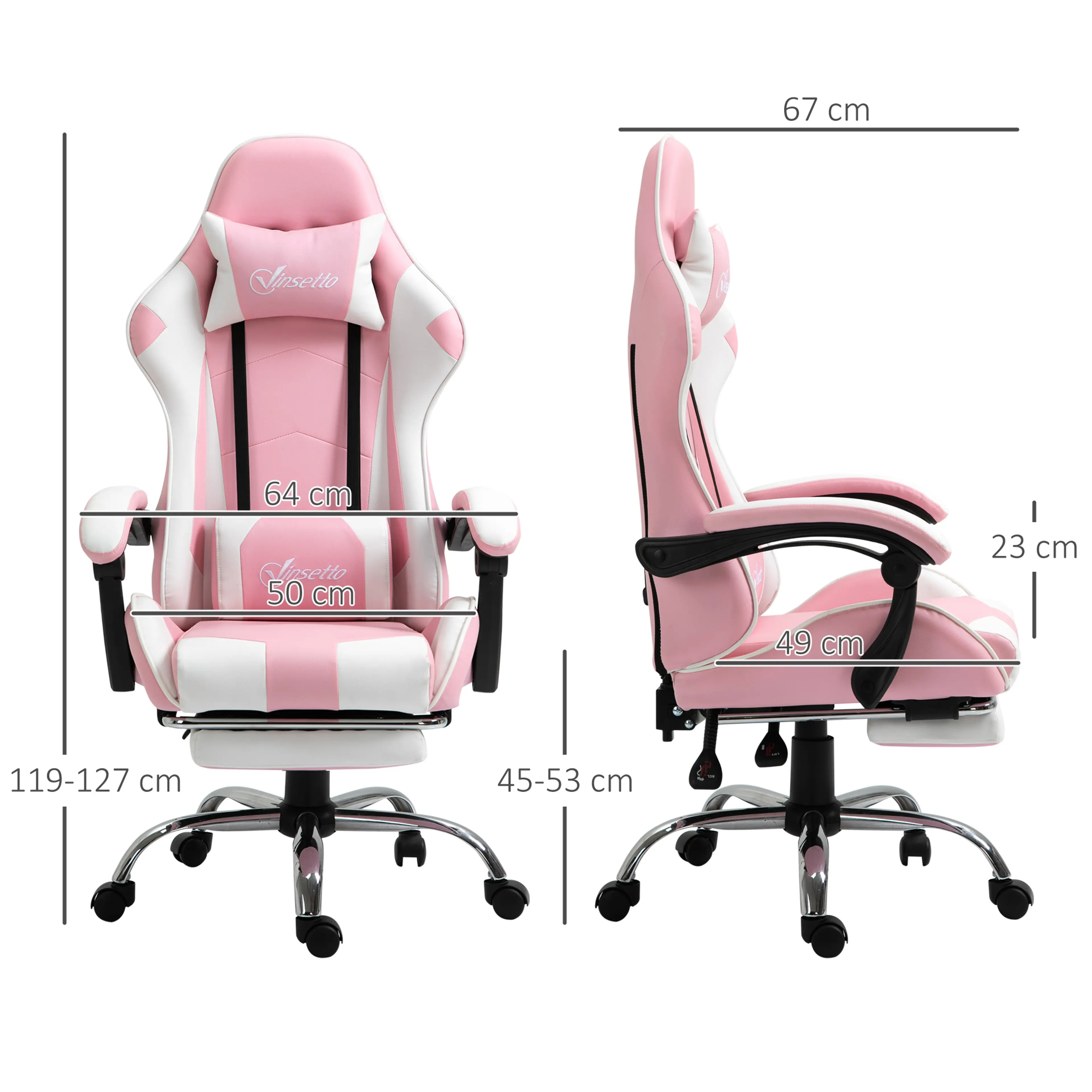 Måttritning för stolen: 67 cm djup, 119–127 cm hög, sitthöjd 45–53 cm och armstöd 23 cm över sitsen