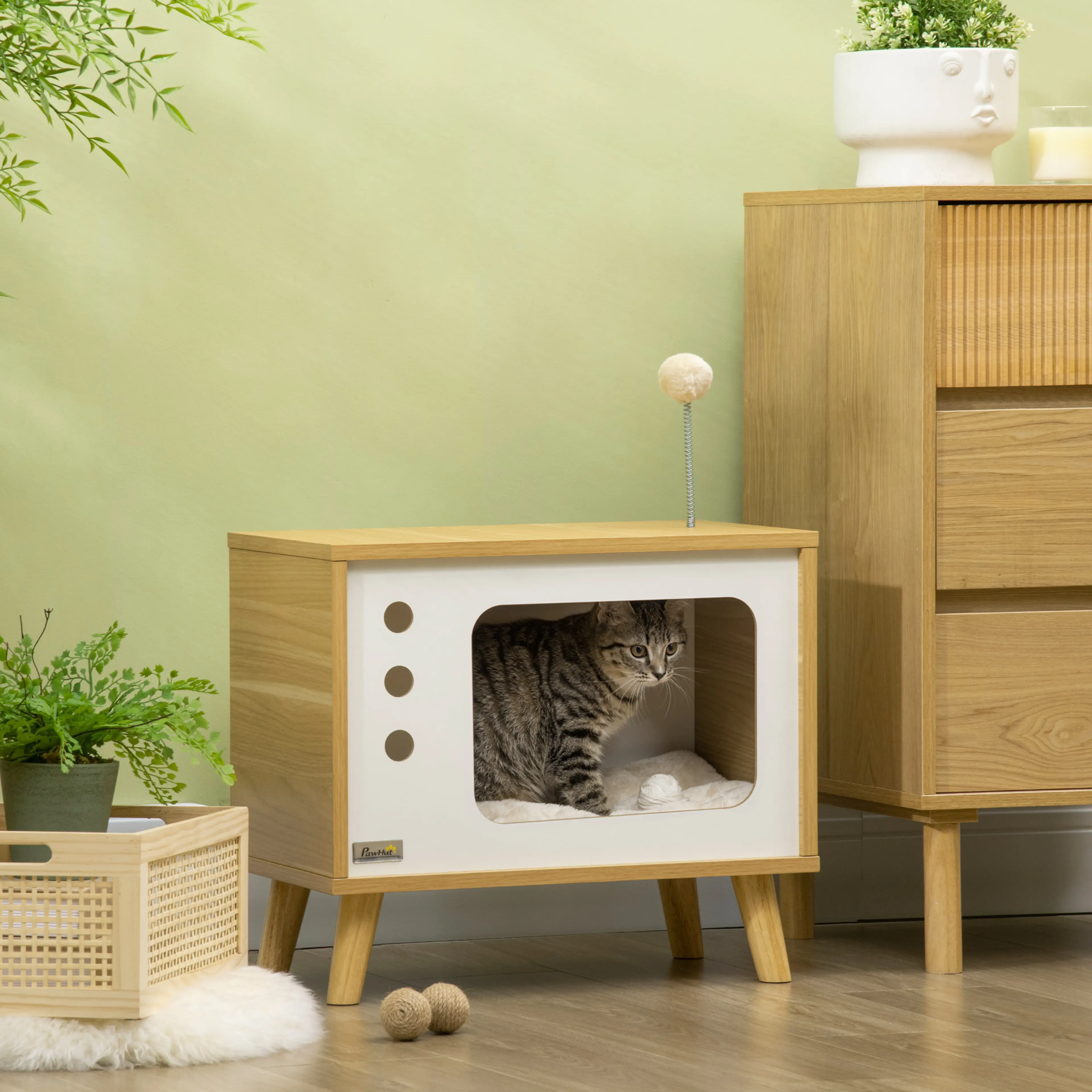 Katthus i TV-design med kudde – mysig kattbädd och sidobord, ek