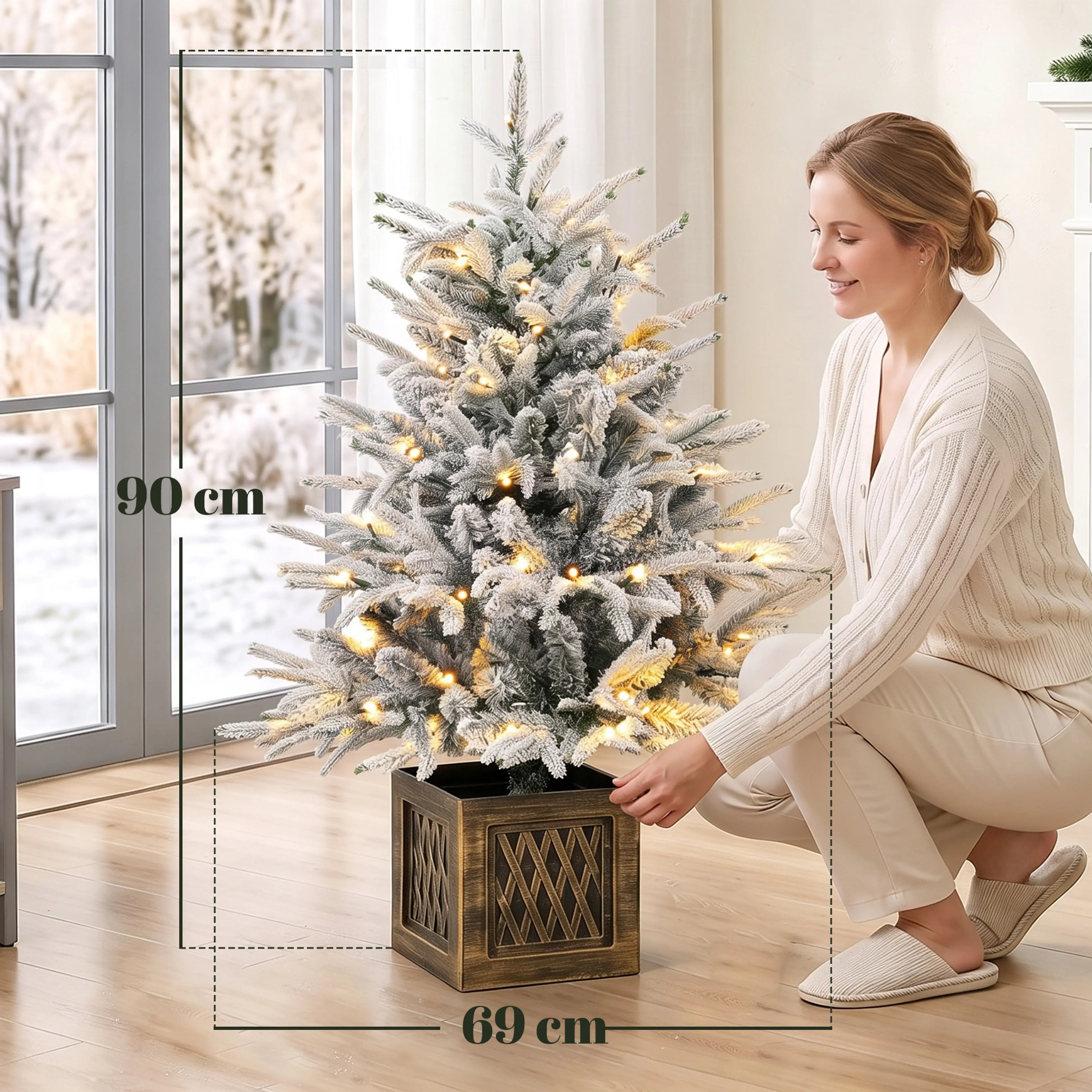 Måttbild: granen är 90 cm hög och Ø69 cm