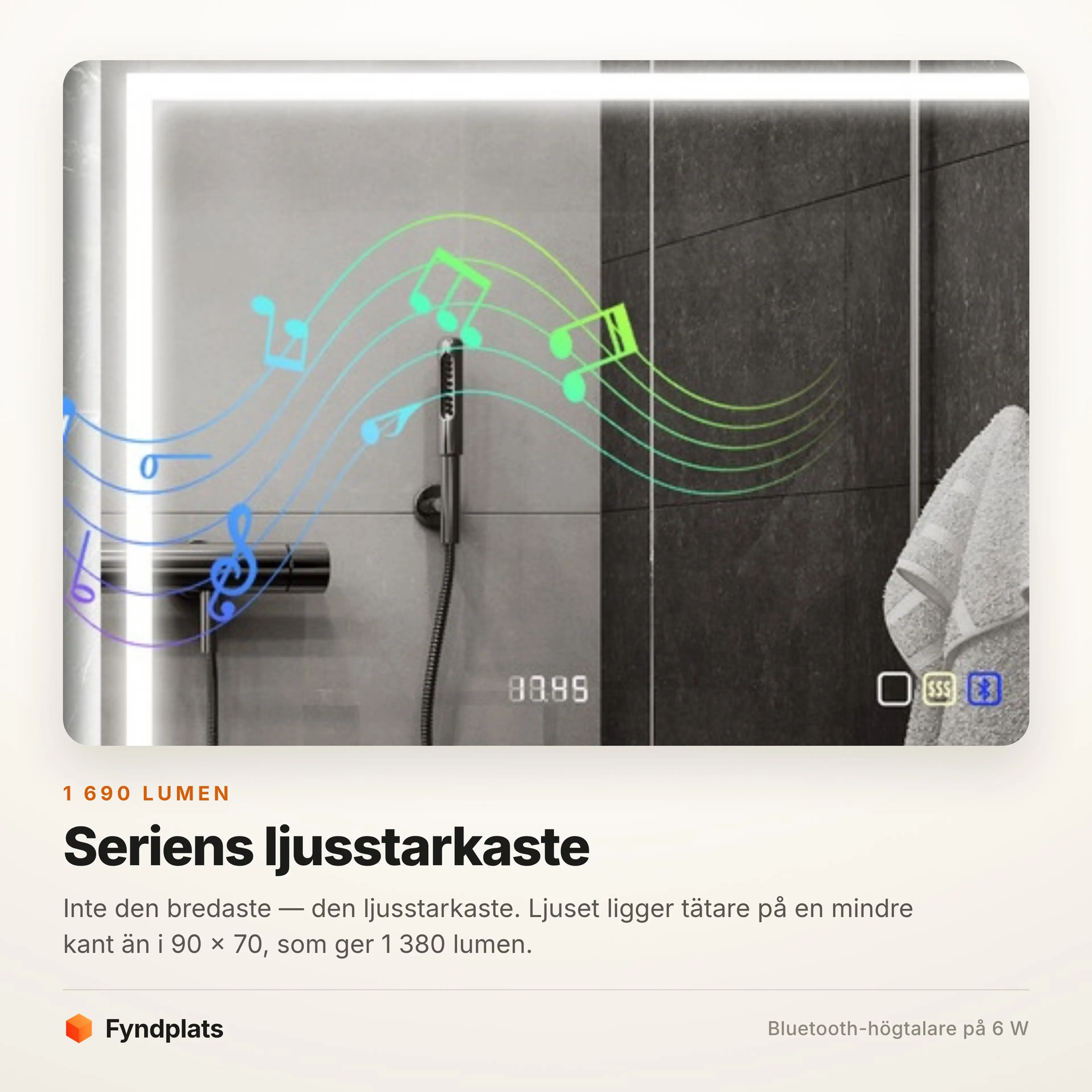 Badrumsspegel LED 80 × 60 cm med Bluetooth och klocka – bild 3