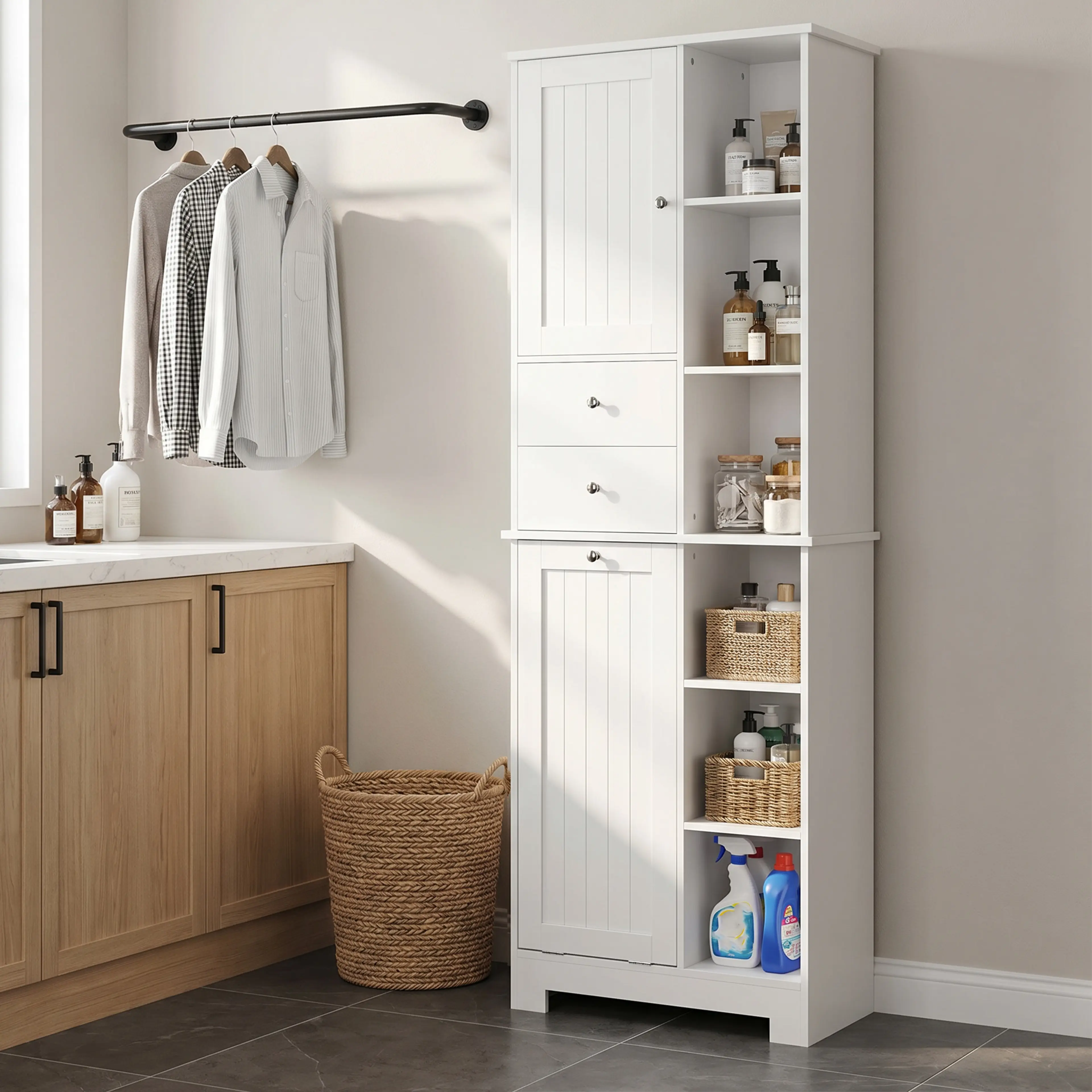 Högskåp badrum 60 × 171 cm med tippbar tvättkorg – bild 4