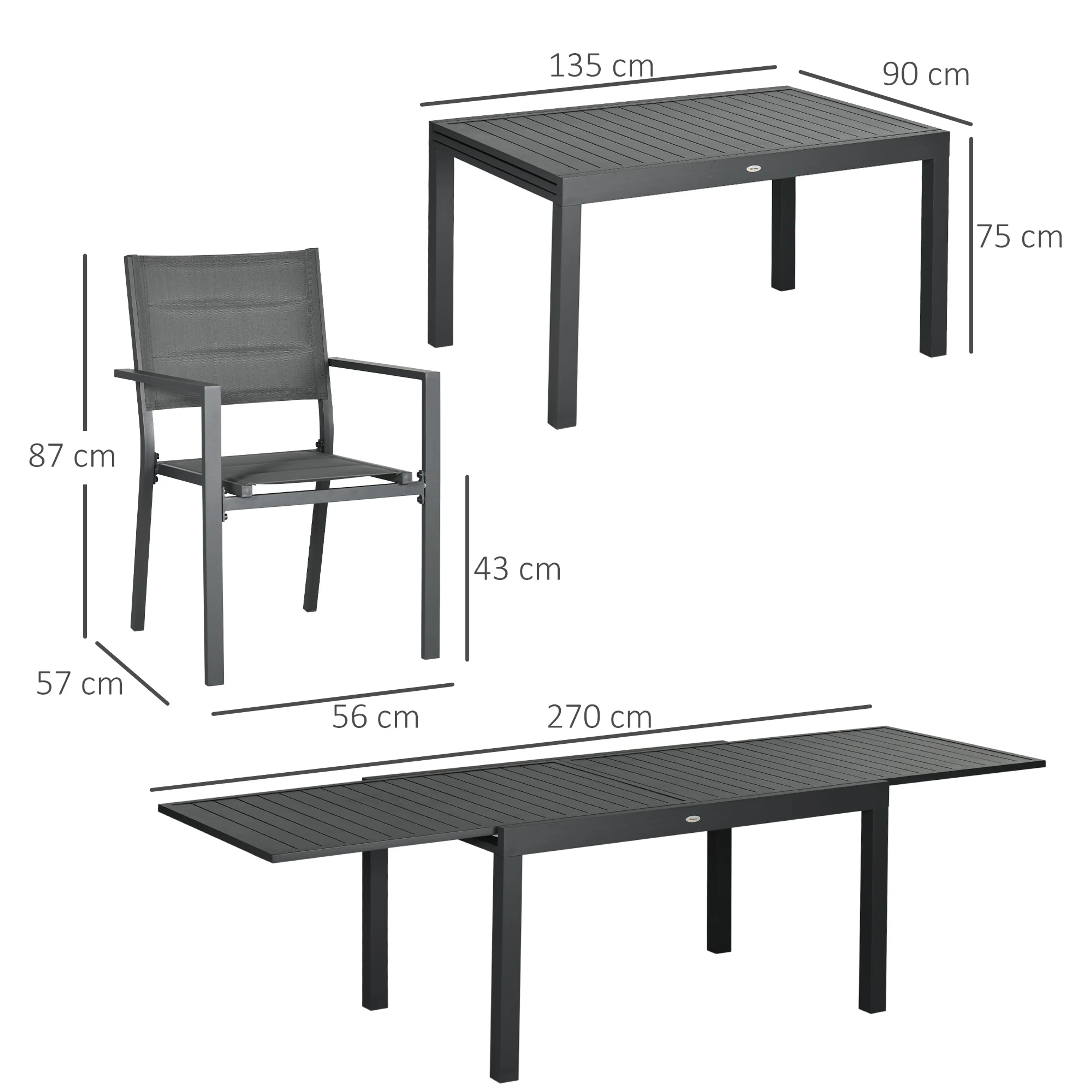 Måttskiss: bord 135 cm ihopskjutet och 270 cm utdraget, stol 87 cm hög