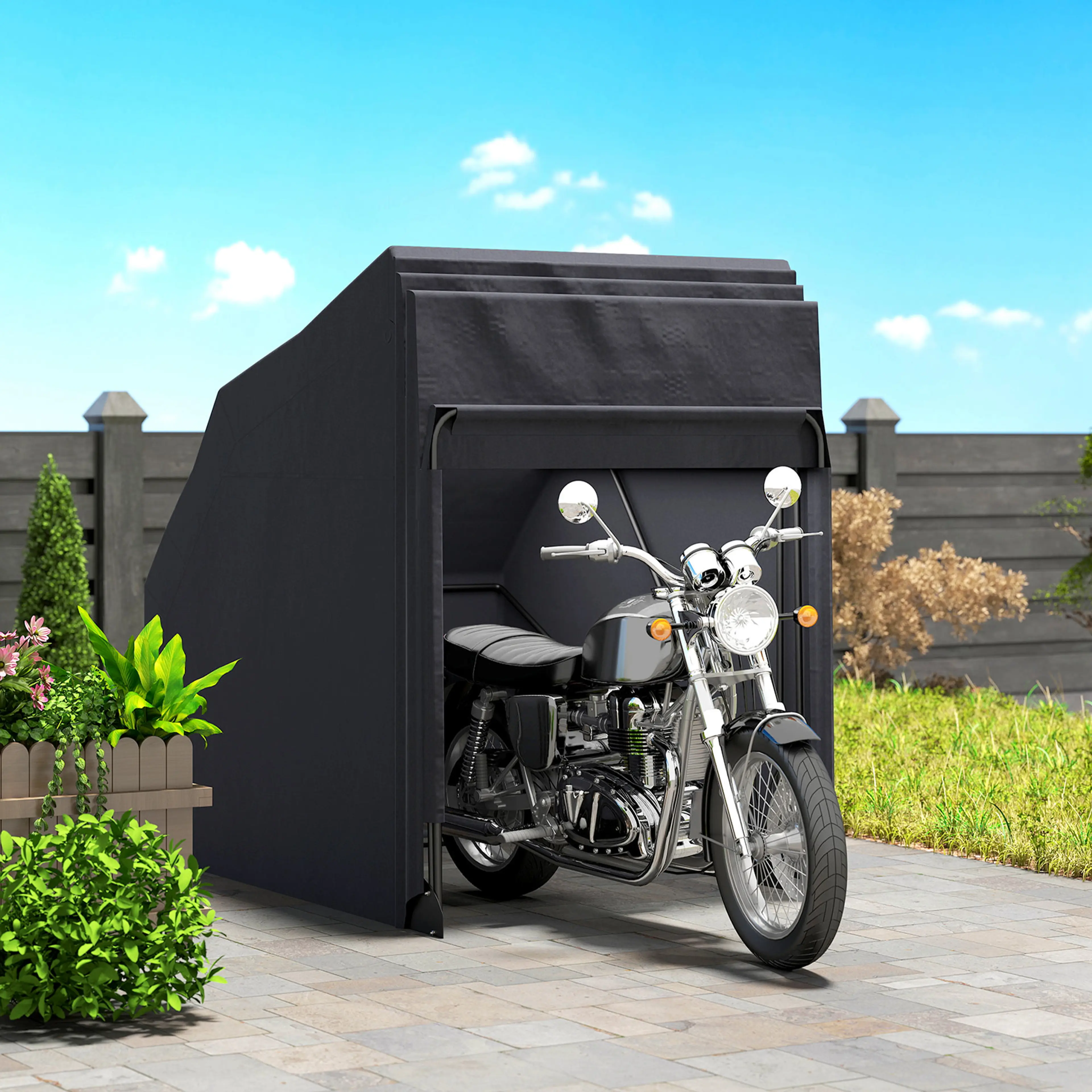 Motorcykelgaraget med fronten bakåtskjuten och en motorcykel inne