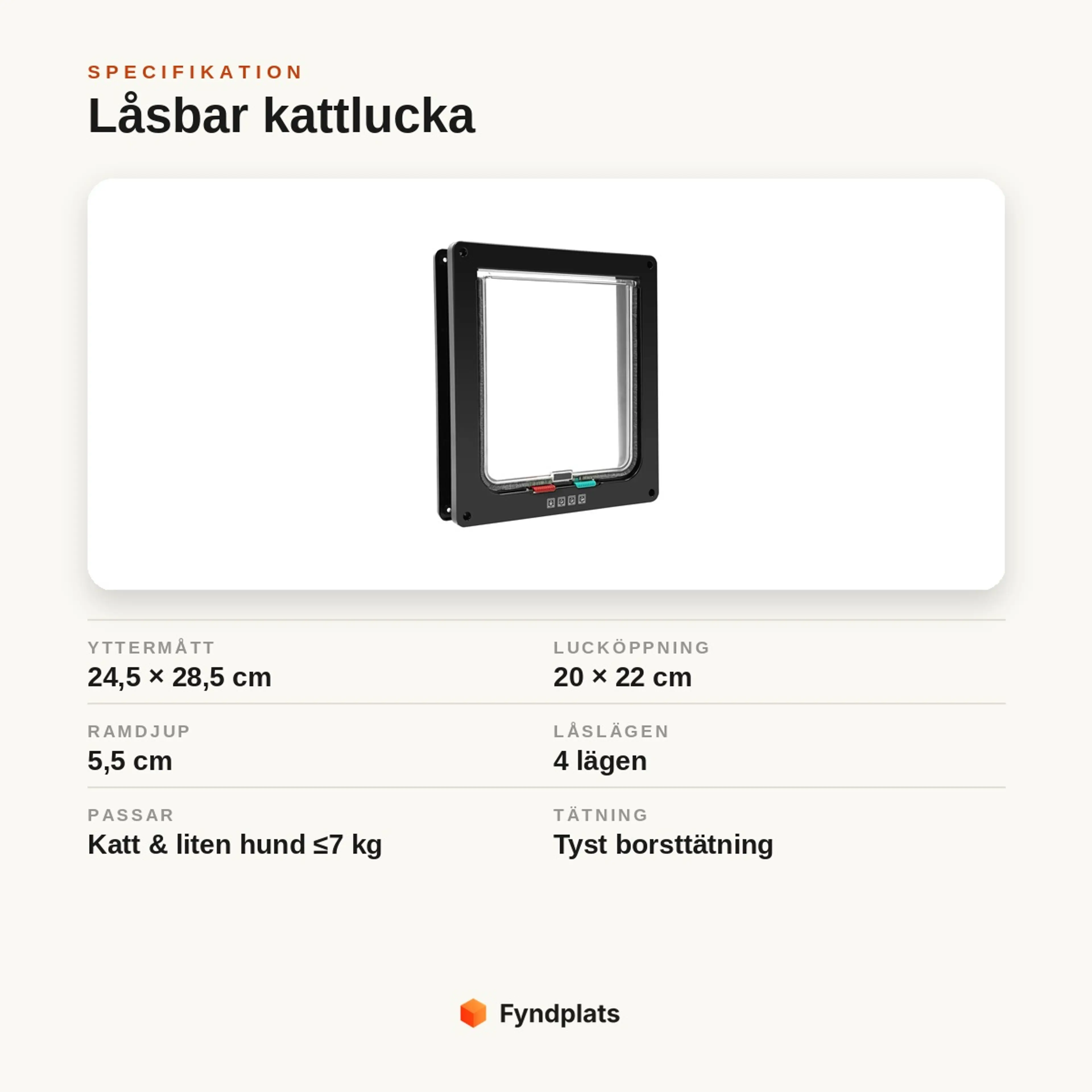 Specifikation: låsbar kattlucka 24,5×28,5 cm, lucköppning 20×22 cm, 4 låslägen och tyst borsttätning