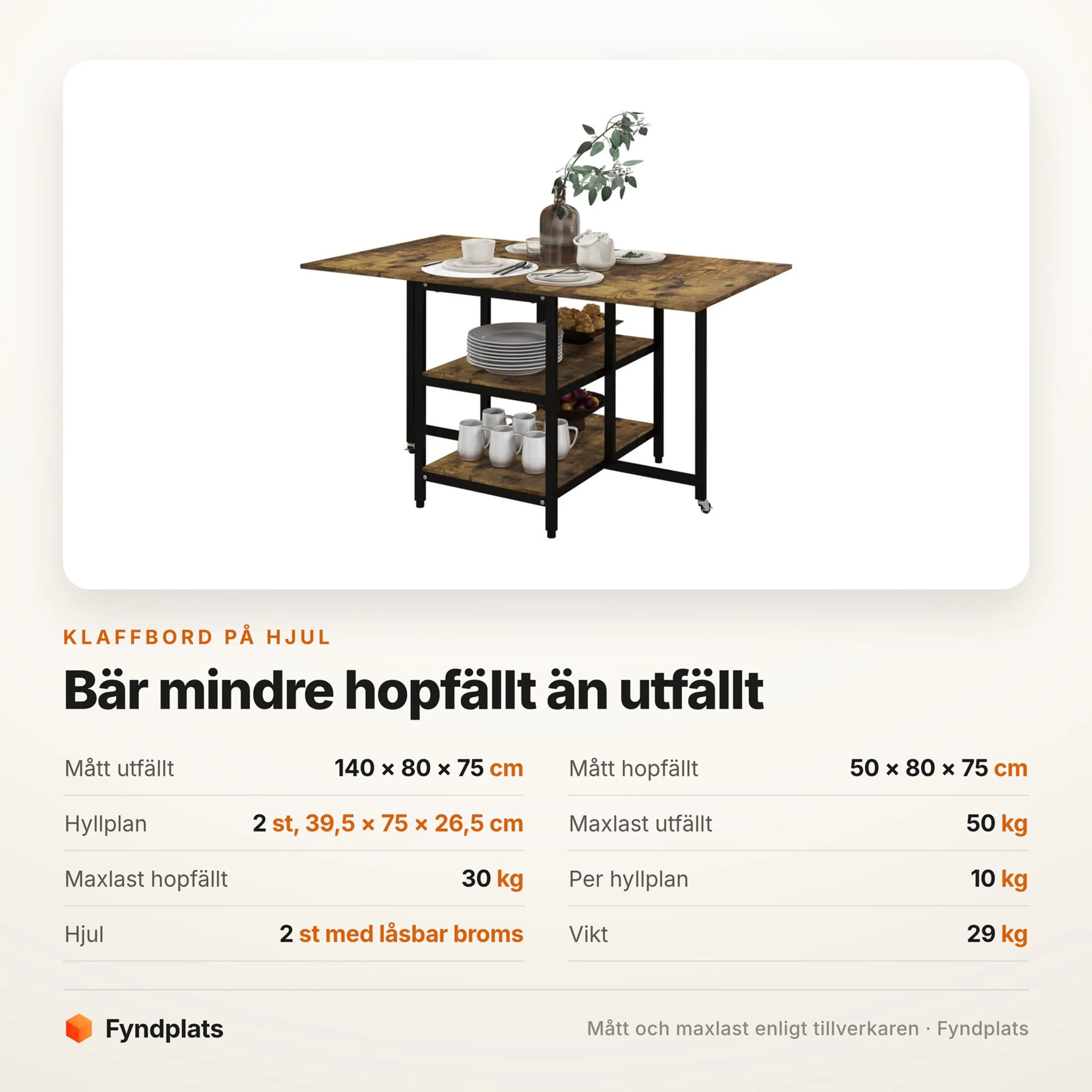 Spec-kort för klaffbordet: 140 × 80 cm utfällt, 50 cm hopfällt och 50 kg maxlast