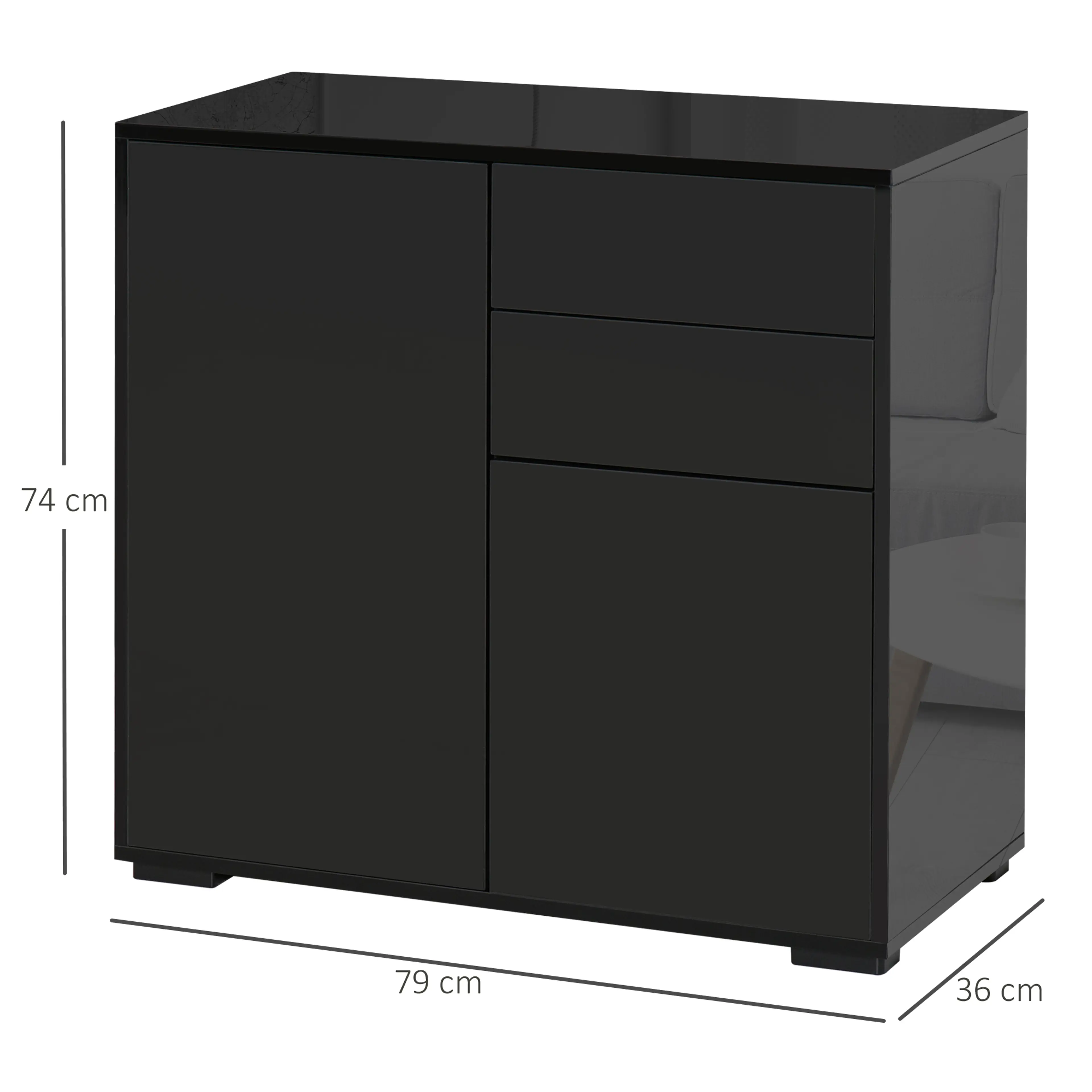 Måttbild: skänken är 79 cm lång, 36 cm djup och 74 cm hög