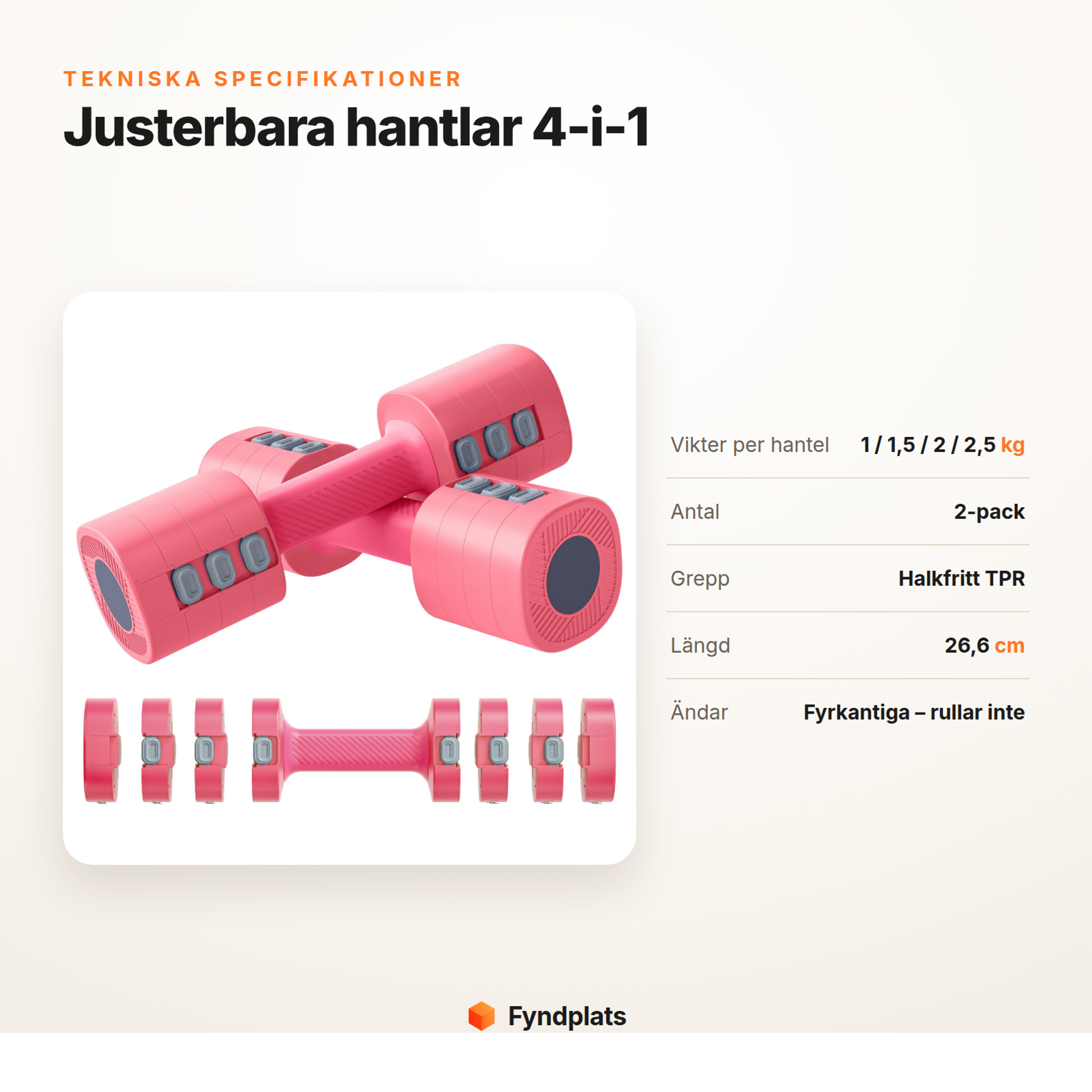 Fyndplats-kort: tekniska specifikationer för justerbara hantlar 4-i-1