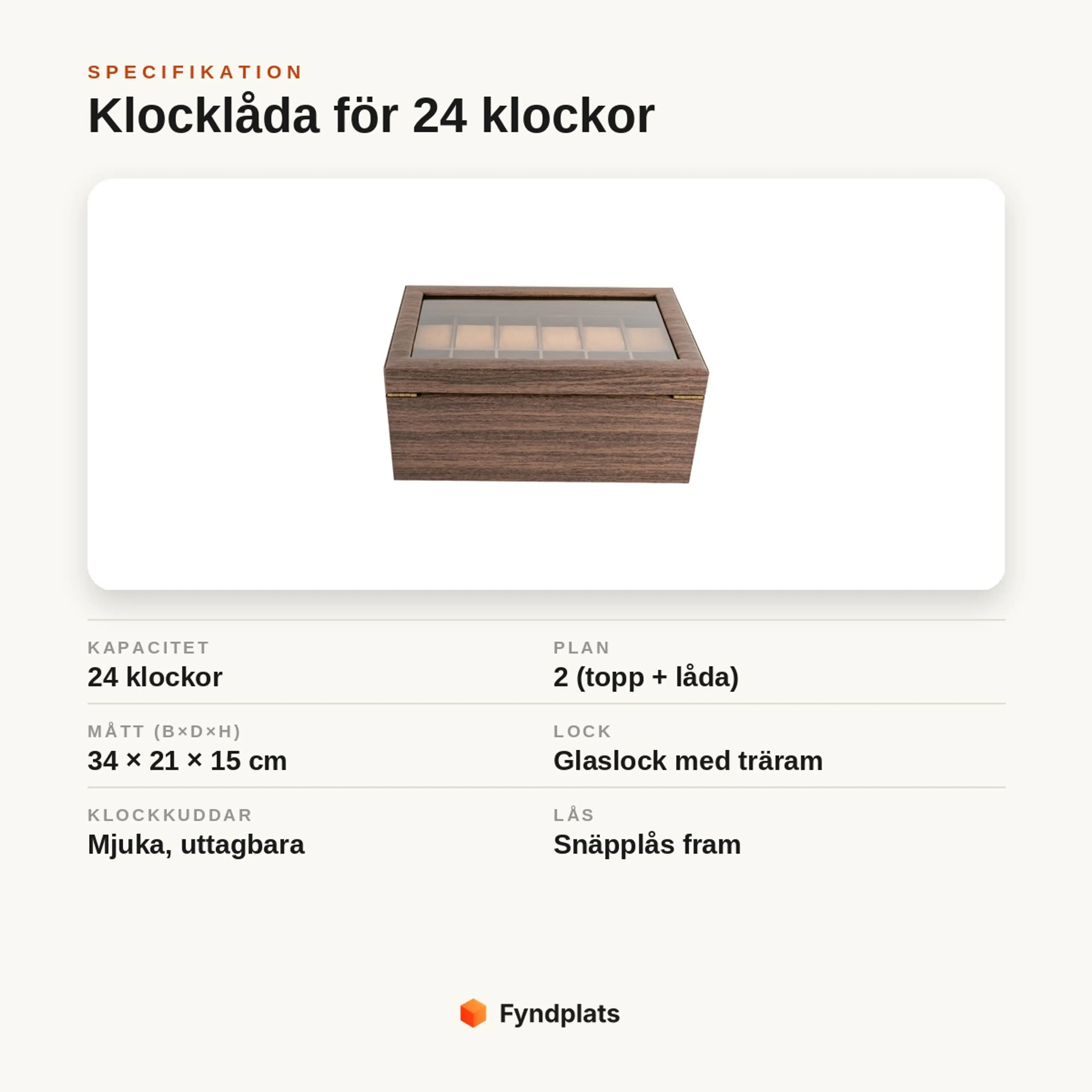 Specifikation: klocklåda för 24 klockor i två plan, 34×21×15 cm, glaslock och mjuka klockkuddar