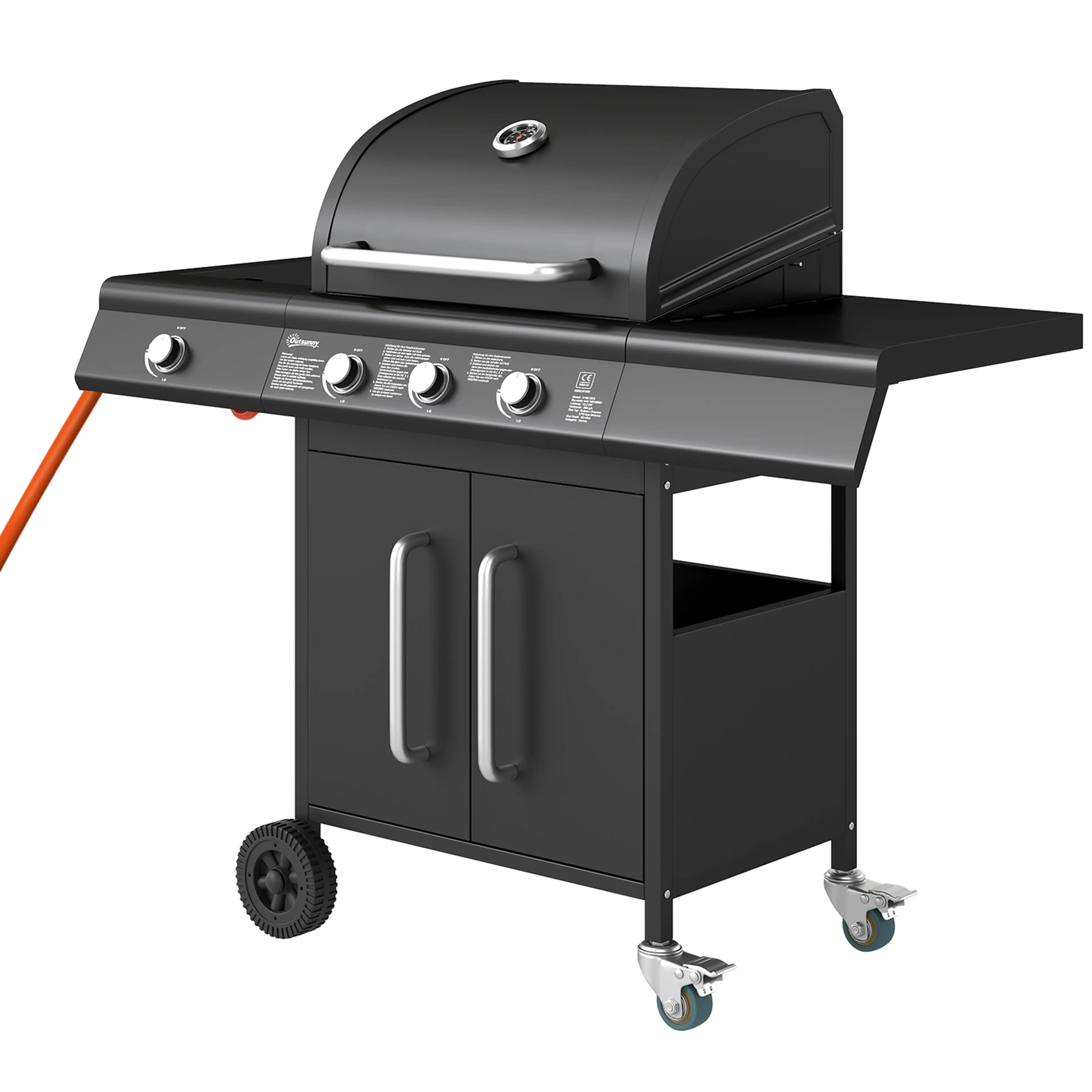 Gasolgrill med stängt skåp, tre huvudbrännare, sidobrännare och fyra hjul