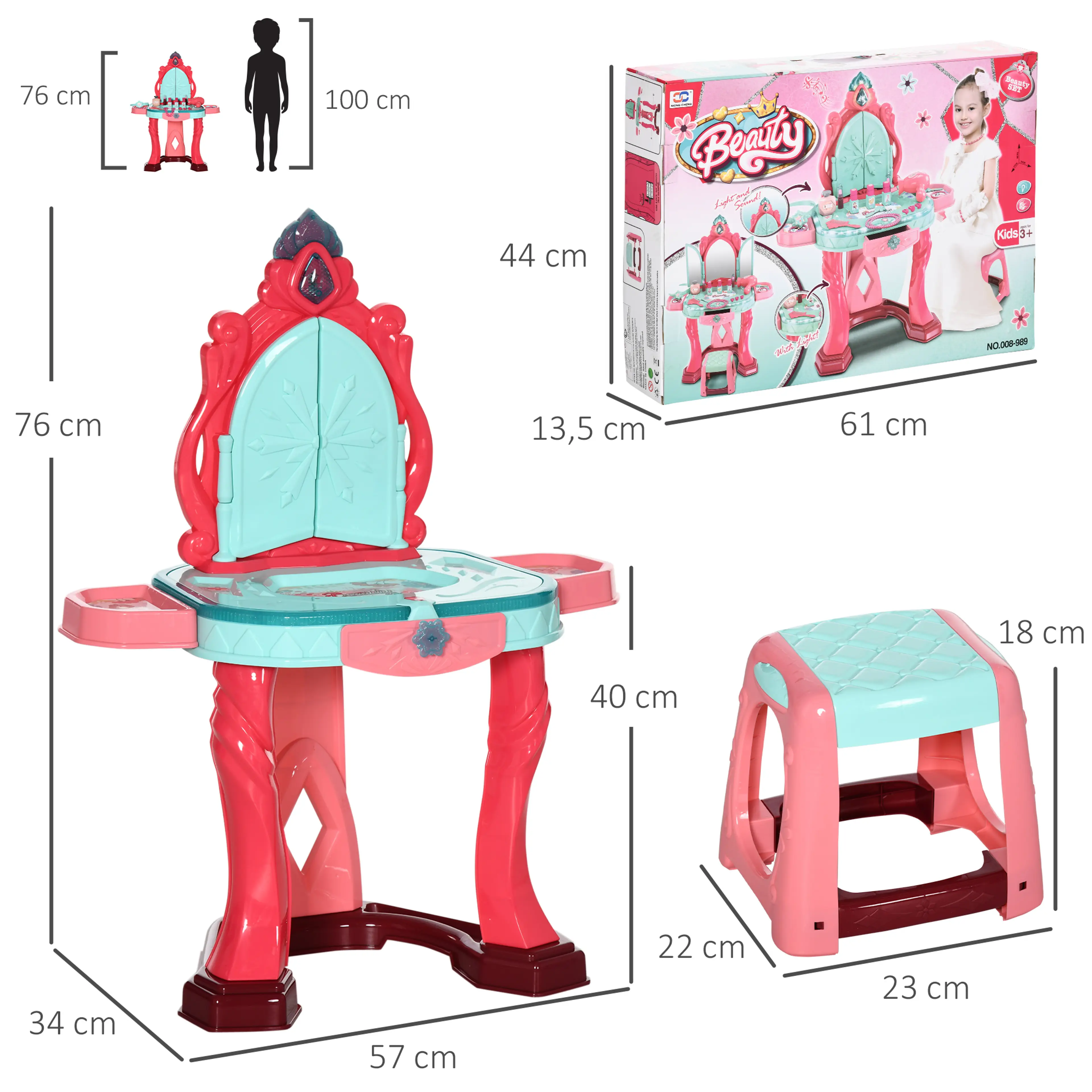 Måttskiss för sminkbordet: 57 x 34 x 76 cm, bordsskiva 40 cm och pall 23 x 22 x 18 cm
