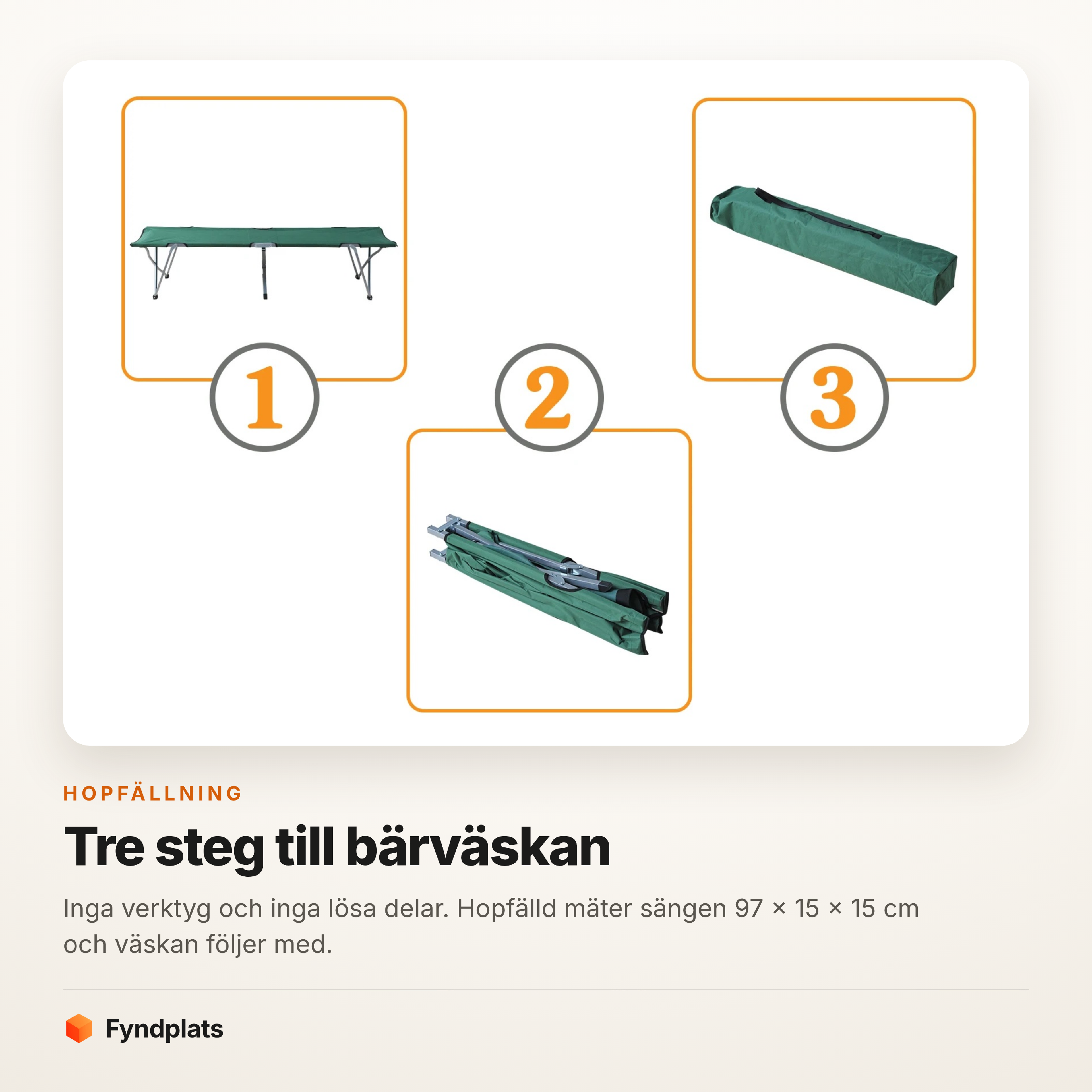 Kort: sängen fälls ihop i tre steg och läggs i bärväskan