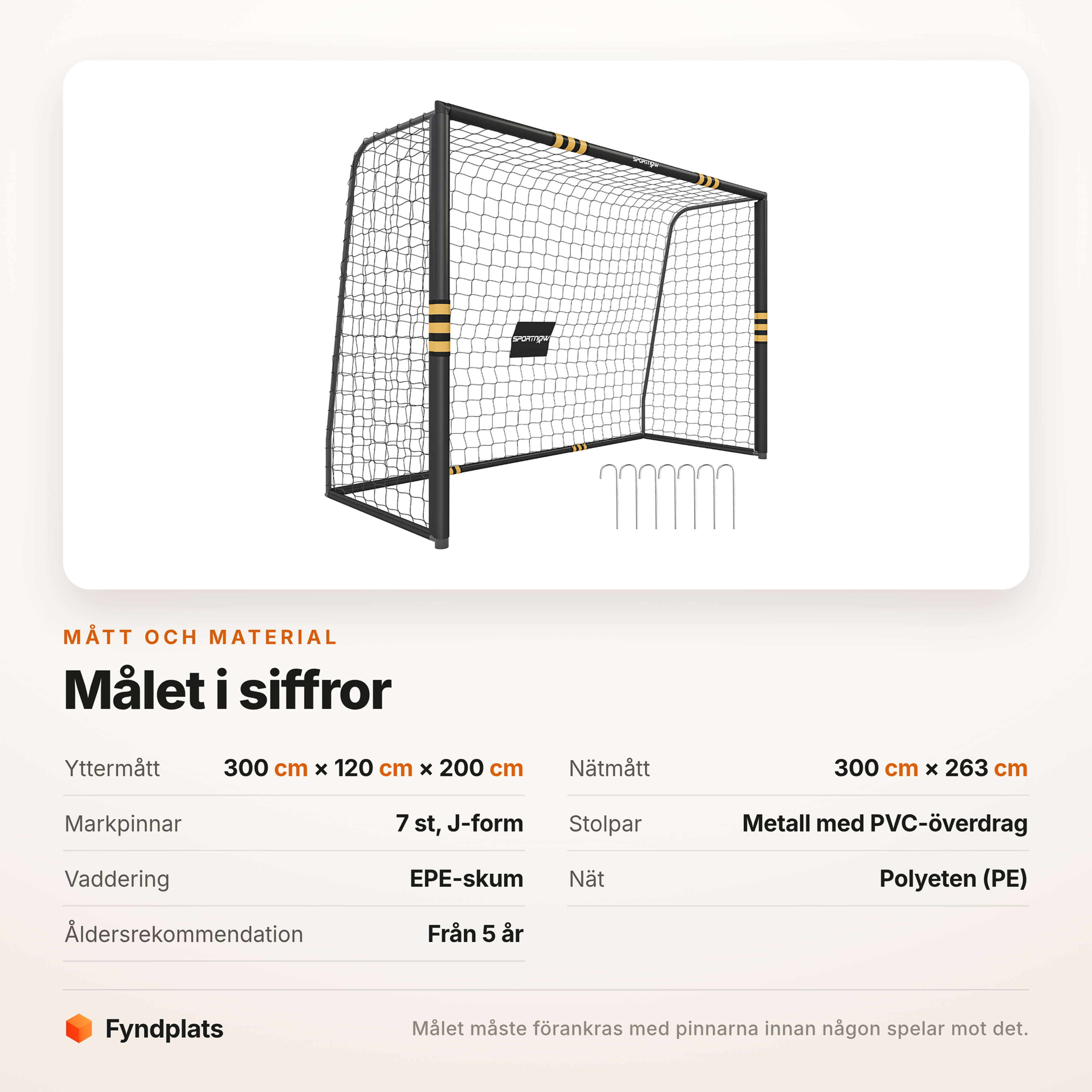 Specifikationstabell för fotbollsmålet: mått, nät, markpinnar och material