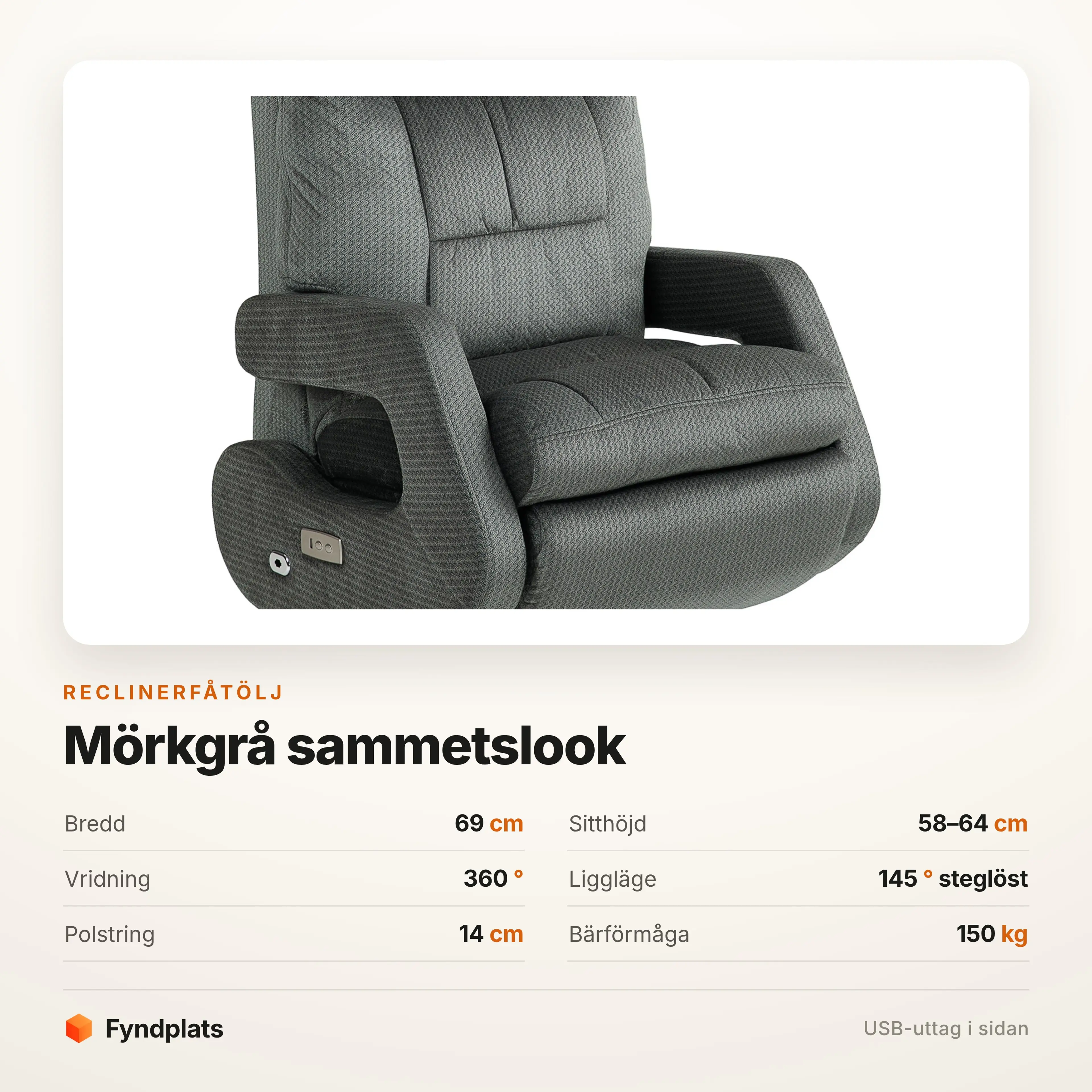 Specifikation: 69 cm bred, sitthöjd 58–64 cm, 360° vridbar