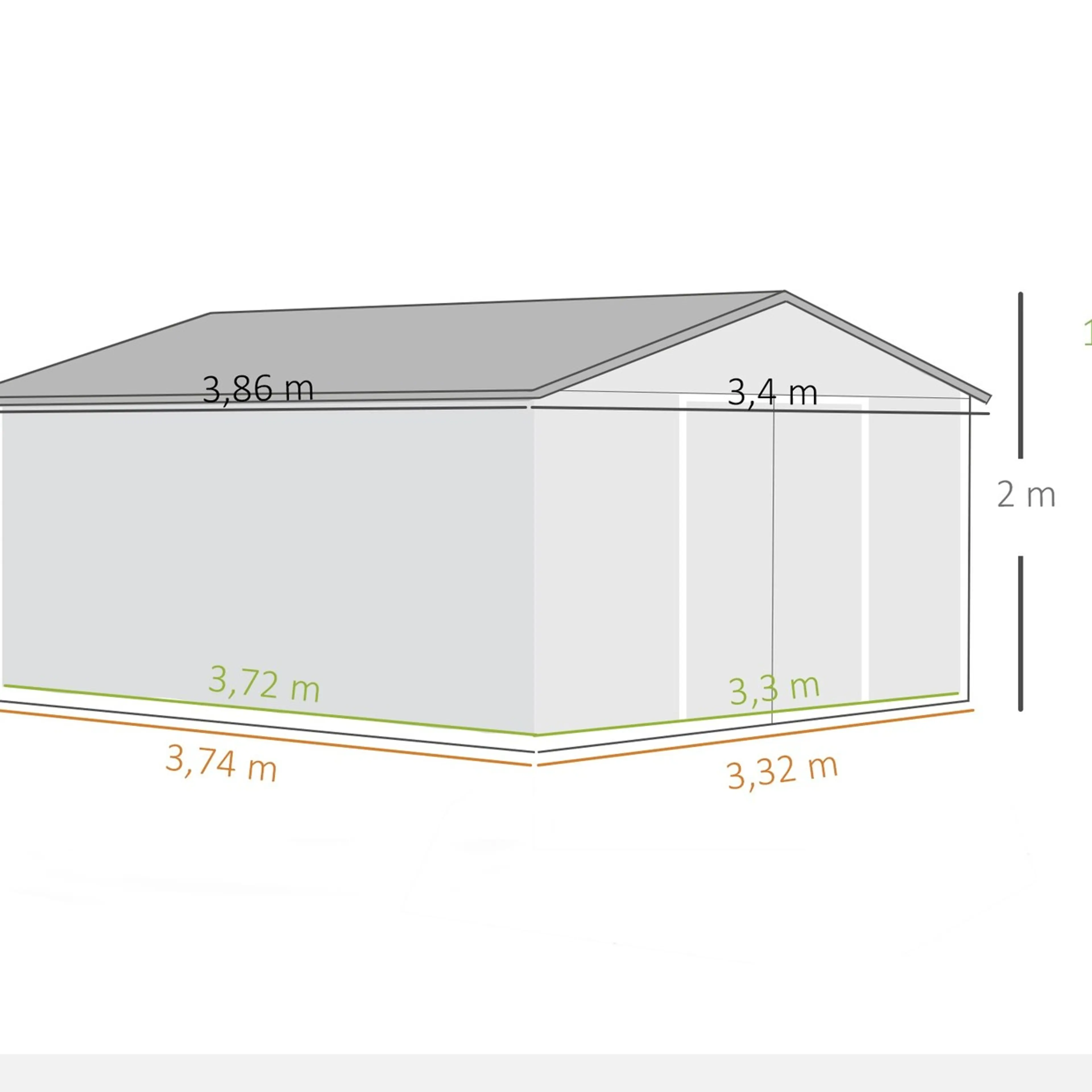 Måttritning: 3,85 × 3,4 m yttermått och 3,72 × 3,3 m innermått