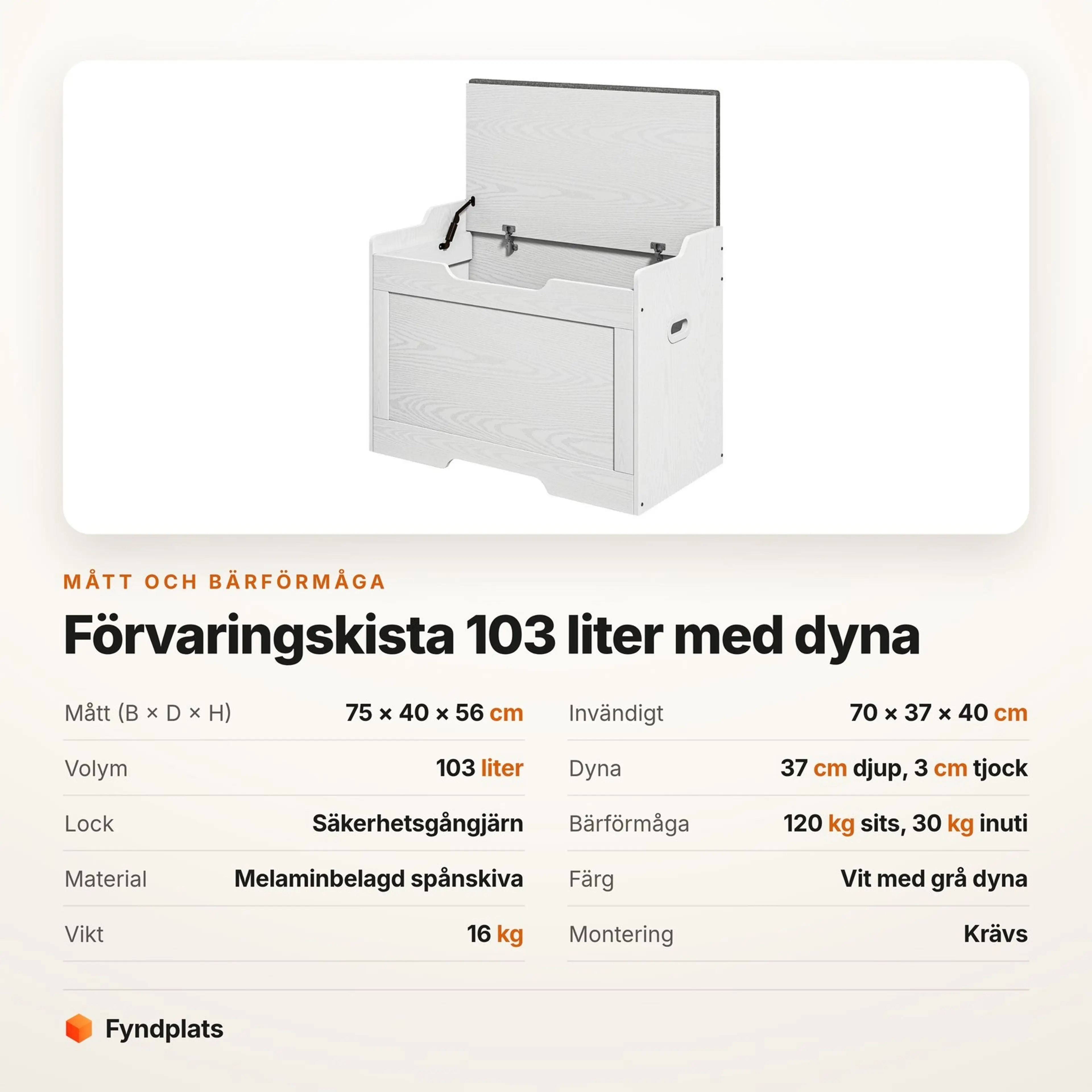 Förvaringskista 103 liter med dyna och säkerhetsgångjärn – bild 3