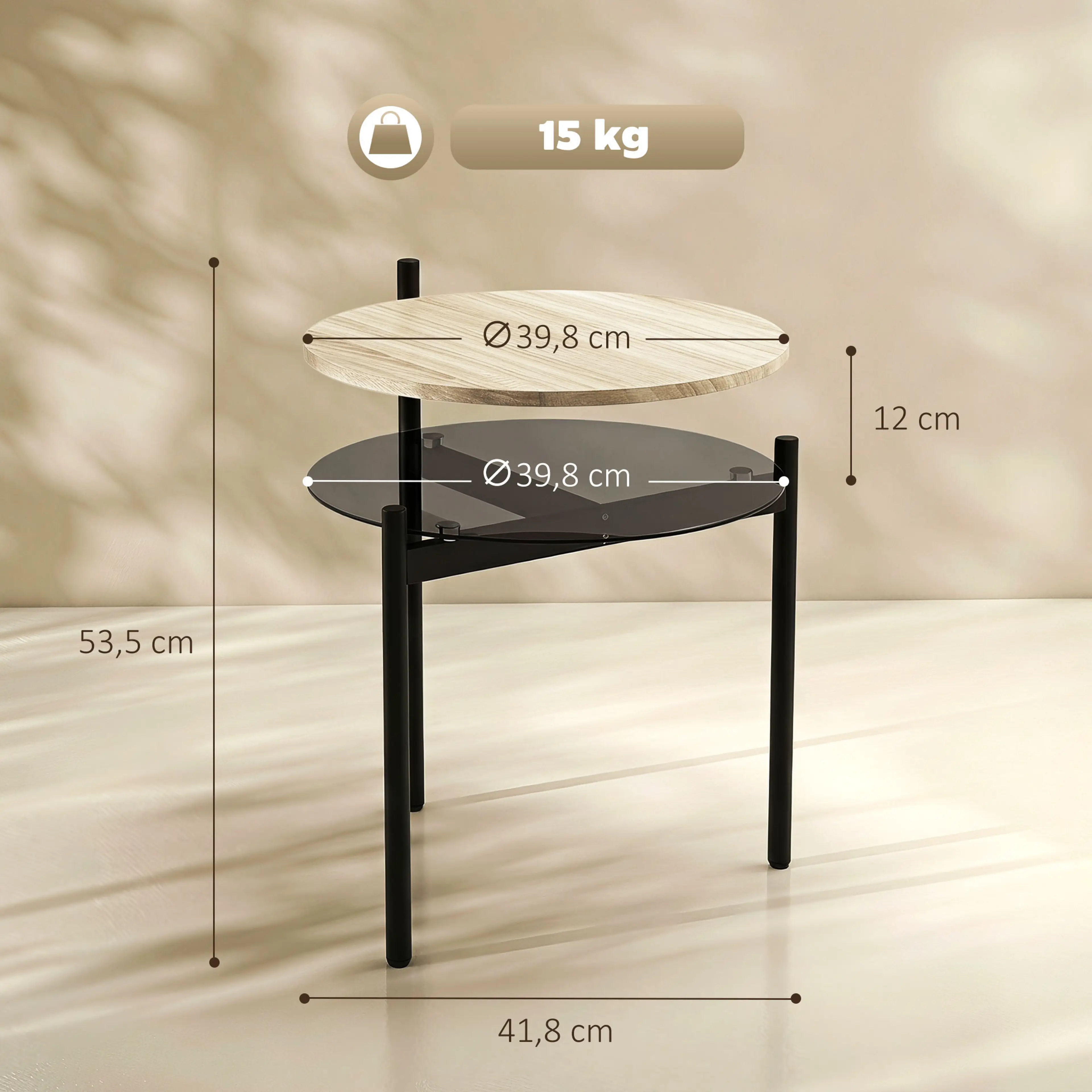 Måttbild: sidobordet är 41,8 × 39,8 × 53,5 cm och bär 15 kg
