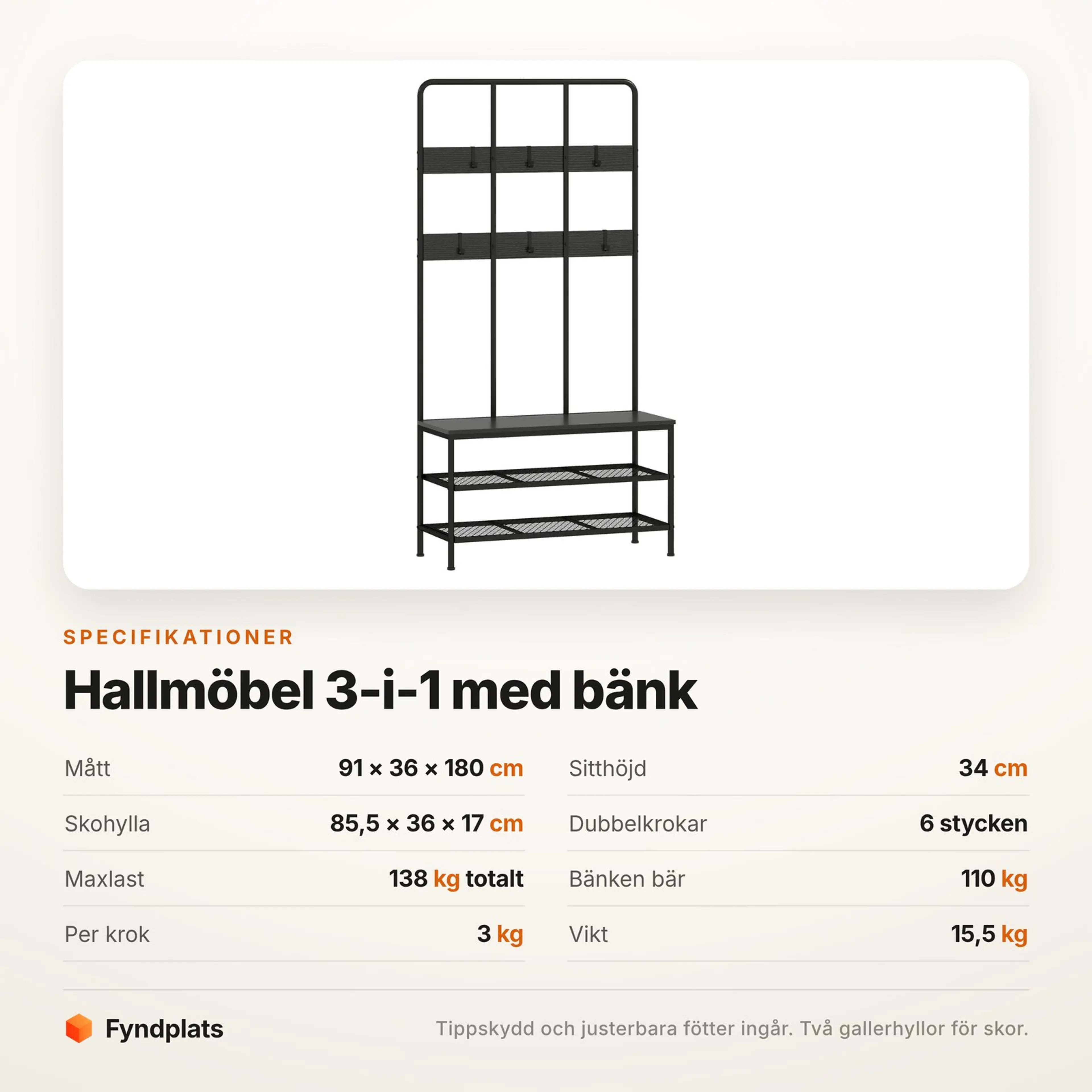 Fyndplats specifikationskort med hallmöbelns mått, bärförmåga och krokar