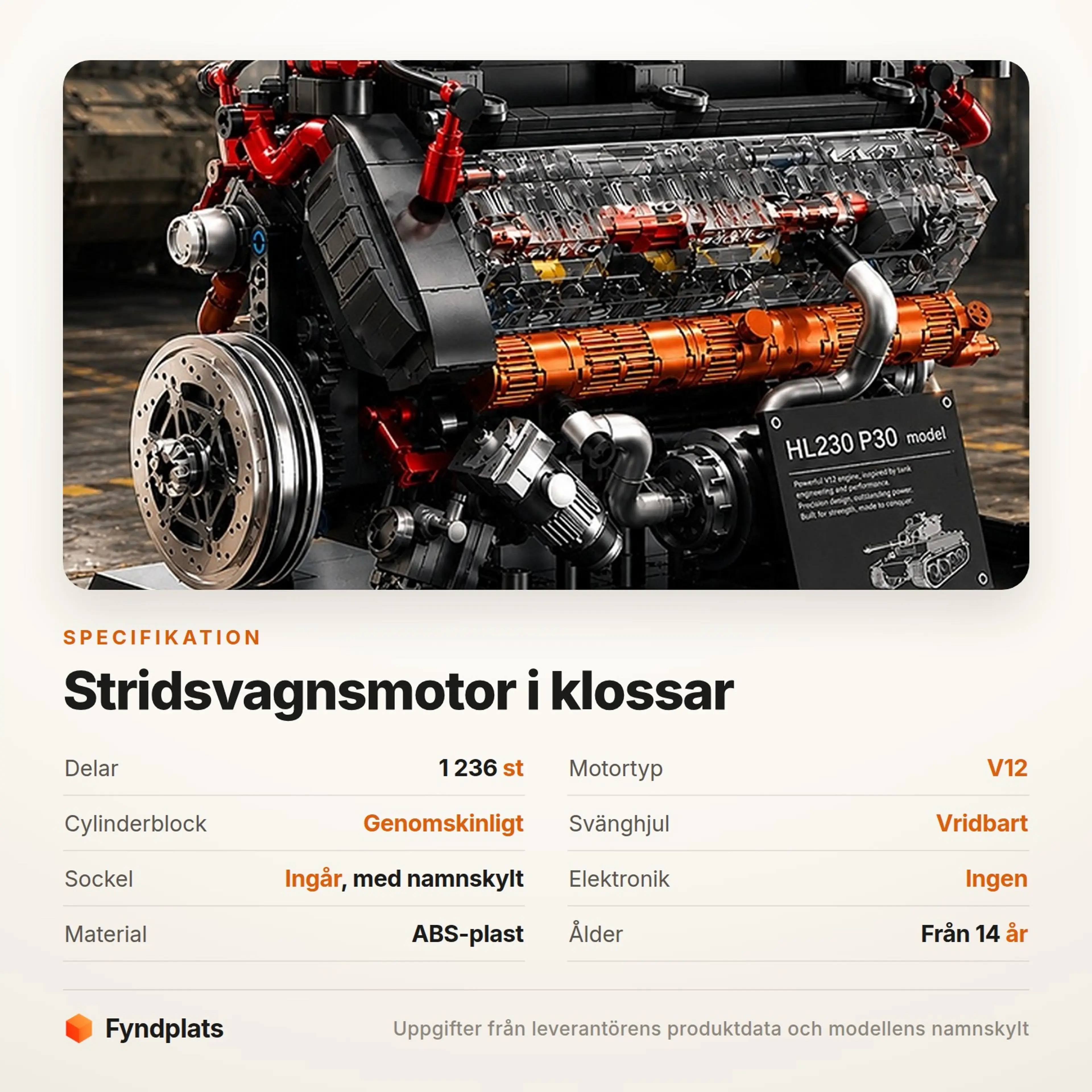 Fyndplats-kort med specifikationer: 1 236 delar, V12, genomskinligt block och från 14 år
