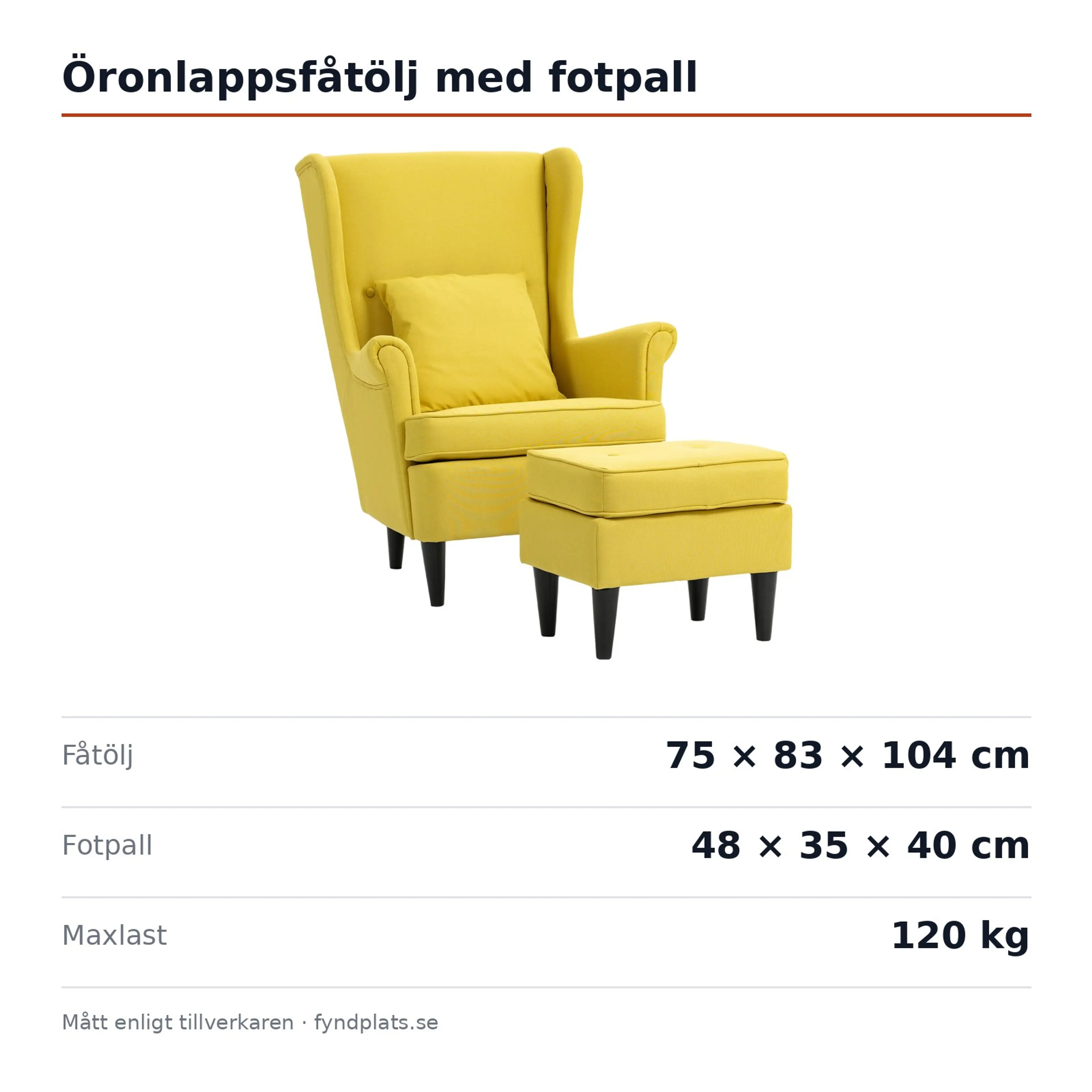 Spec-kort: öronlappsfåtölj 75 × 83 × 104 cm, fotpall 48 × 35 × 40 cm, maxlast 120 kg